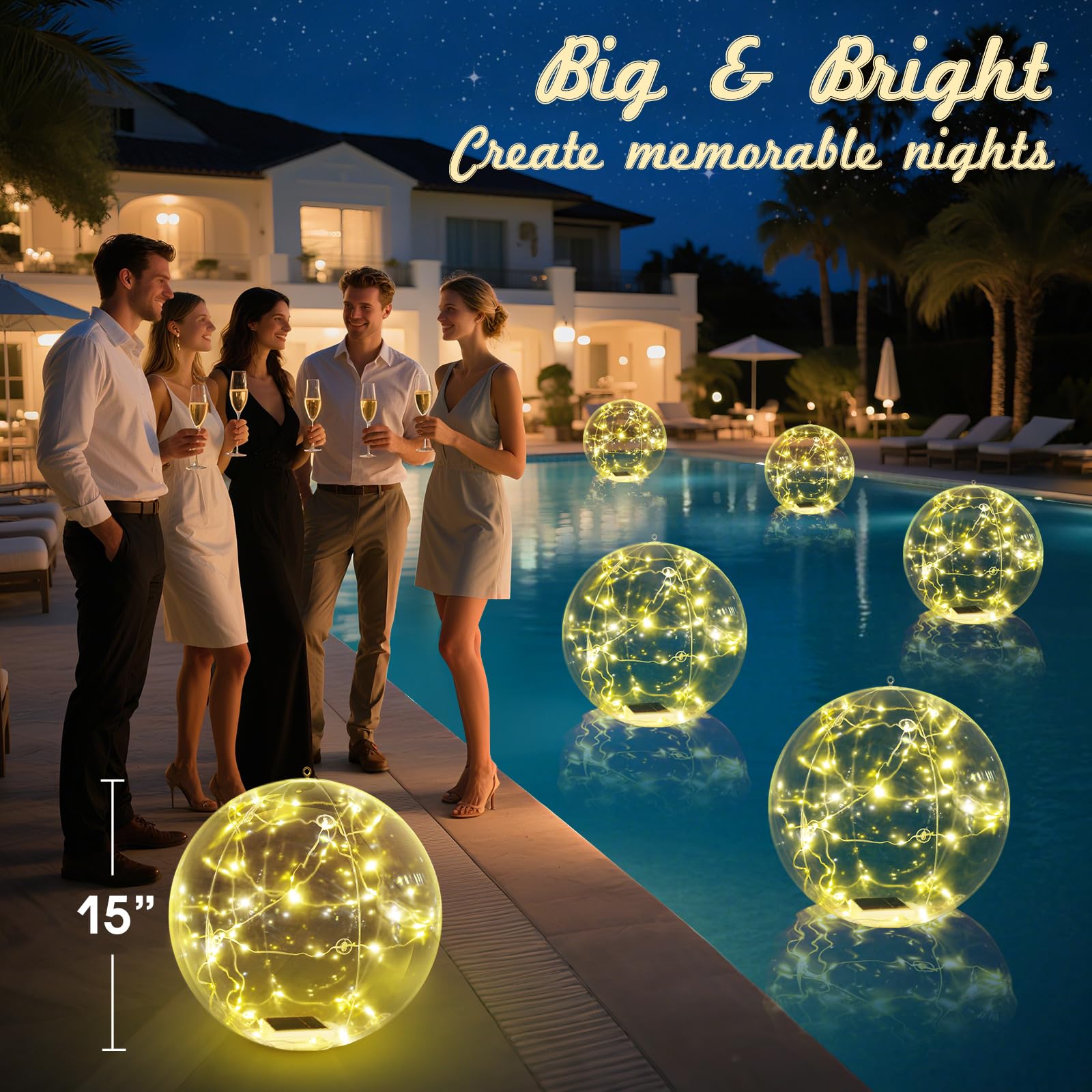 Askyli Schwimmende Pool-Lichter, warmweiße LED-Solar-Lichter, die schwimmen, IP68 wasserdicht, beleuchtete Poolkugeln, 38,1 cm, aufblasbare schwimmende Lichter für Pool-Party, Hochzeitsdekoration (2
