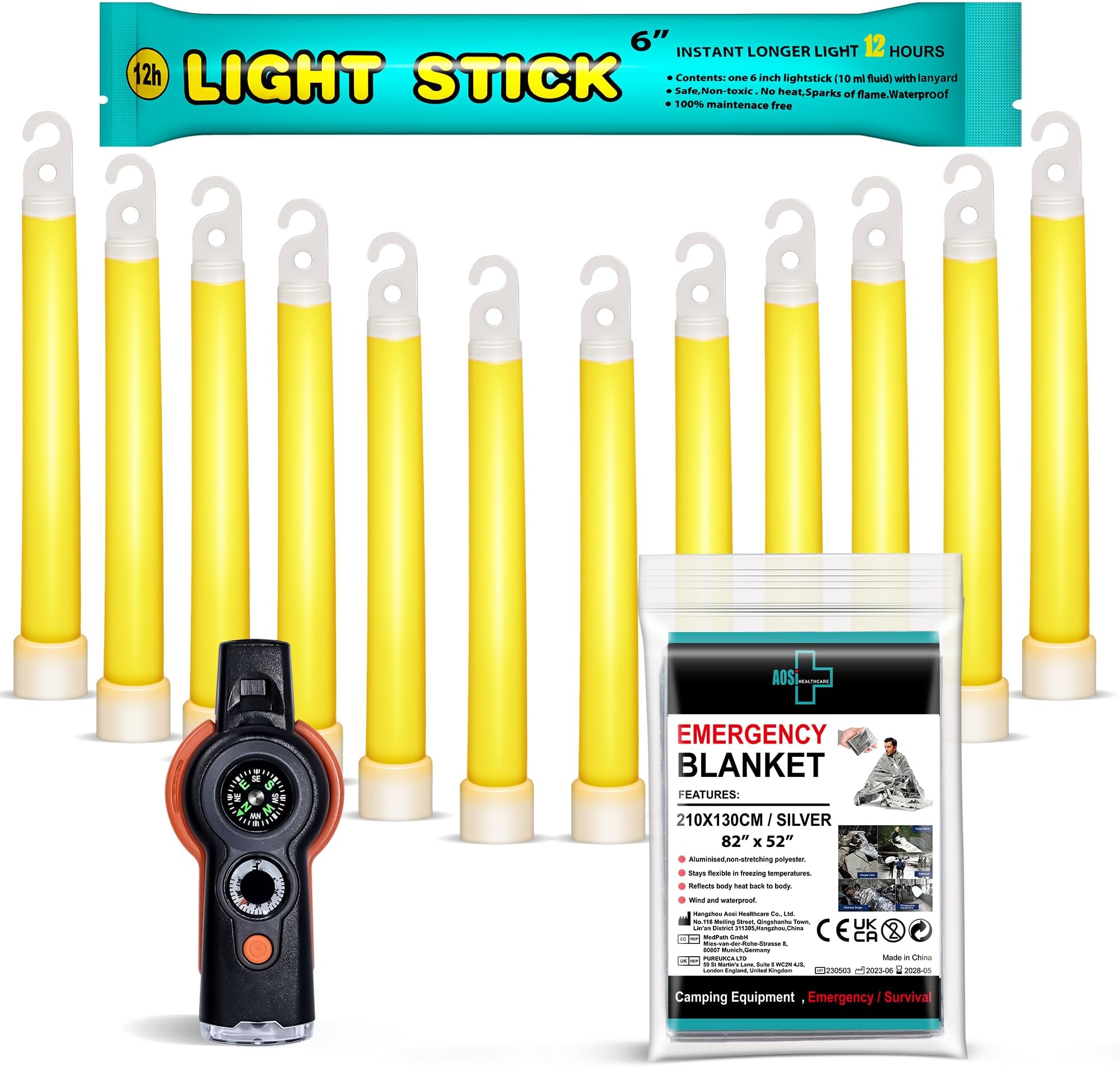 General Medi Survival Kit - 12 Ultra Bright Glow Sticks, Emergency Blanket, Survival Whistle - For Camping, Hiking, Outdoor, Survival Kit and More - Lasts Over 12 Hours