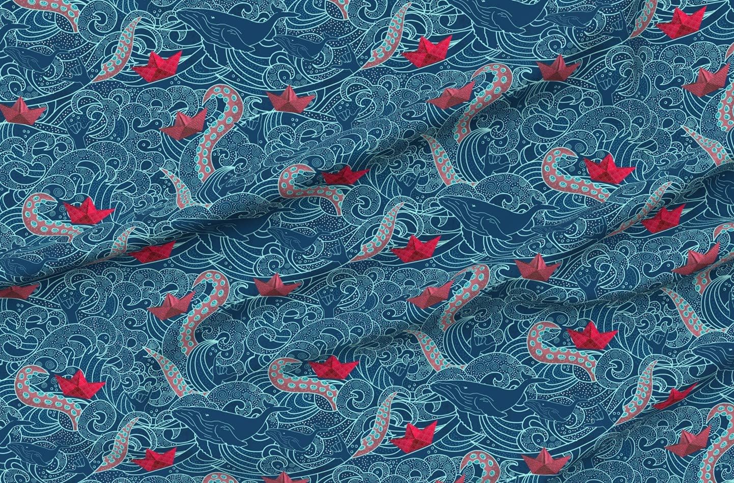 Spoonflower Fabric - Kraken Octopus Origami Boats Ocean Wave Humpback Whale Nautical Paper Printed on Organic Cotton Sateen Fabric by The Yard - Sewing Quilting Apparel Home Decor