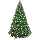 Sweetcrispy 6ft Pre-lit Artificial Christmas Tree, Prelighted Green Artificial Hinged Spruce Xmas Tree with 700 Branch Tips, 250 Incandescent Lights & Foldable Base for Home, Office, Party
