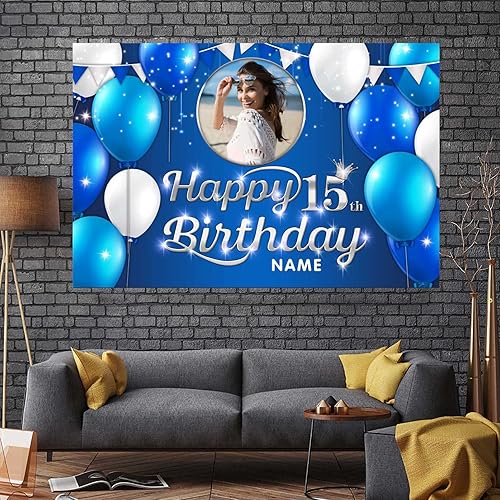 Miniatura 7 de Cartel de decoración de feliz cumpleaños número 15  Cartel personalizado de fiesta de cumpleaños azul marino en tamaños grandes, fotos y nombres