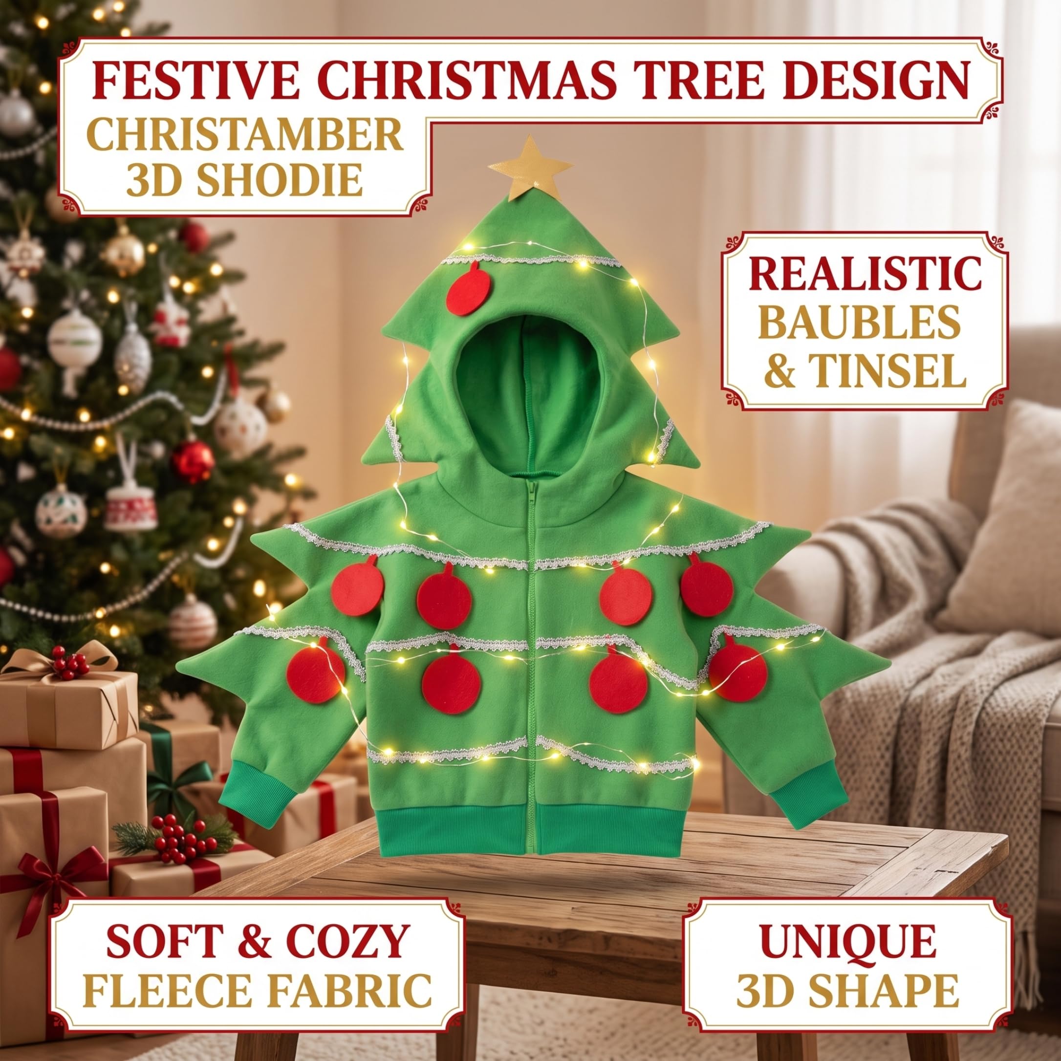 Costume da albero di Natale, costume cosplay per bambini con cappuccio a stella verde S