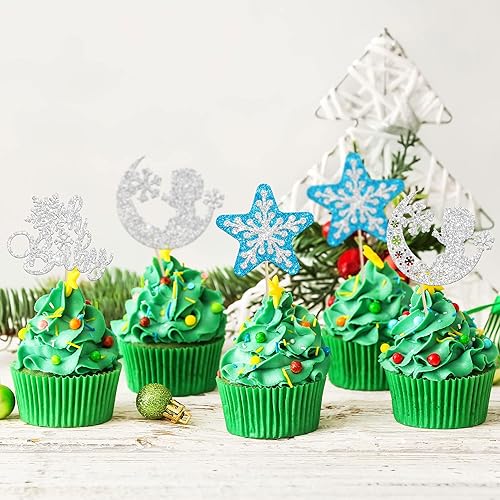 Miniatura 6 de Gyufise Paquete de 24 adornos de copos de nieve de doble capa con purpurina rosa de invierno con temática de congelado para cupcakes, baby shower,