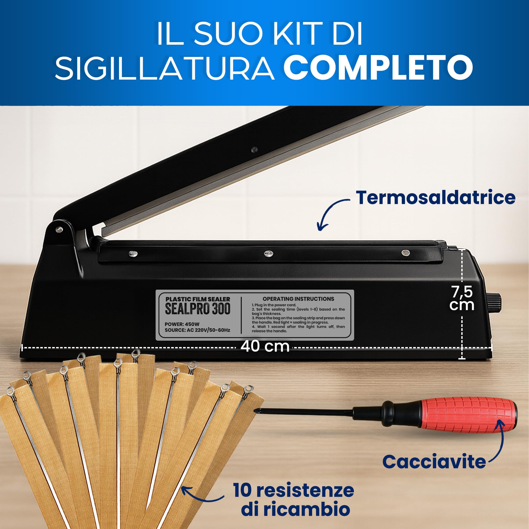 Sigillatrice Termica per Sacchetti - Macchina per Sigillare Sacchetti Alimentari, Imballaggio Termico, Portatile, Alta Produzione, Ampiezza 300 mm, Consumo Ridotto