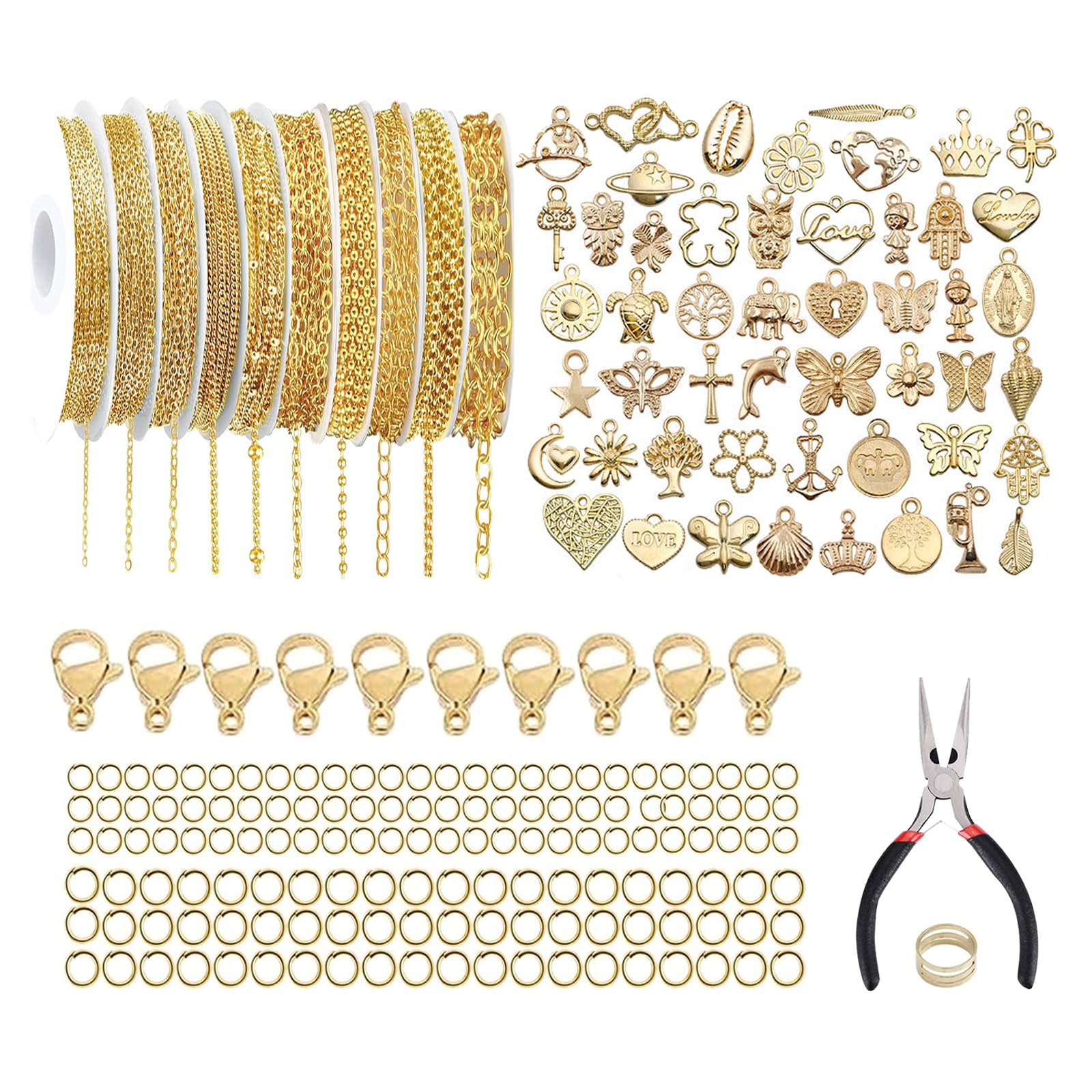 Nhemeylp 10 Rolls 14K Gold Plated Chain for Jewellery Making Kit | Rustproof Brass Bracelet Chains for Jewellery Making Set with Lobster Clasps & 50 Mixed Charms & Pliers for Adults Teens DIY Craft