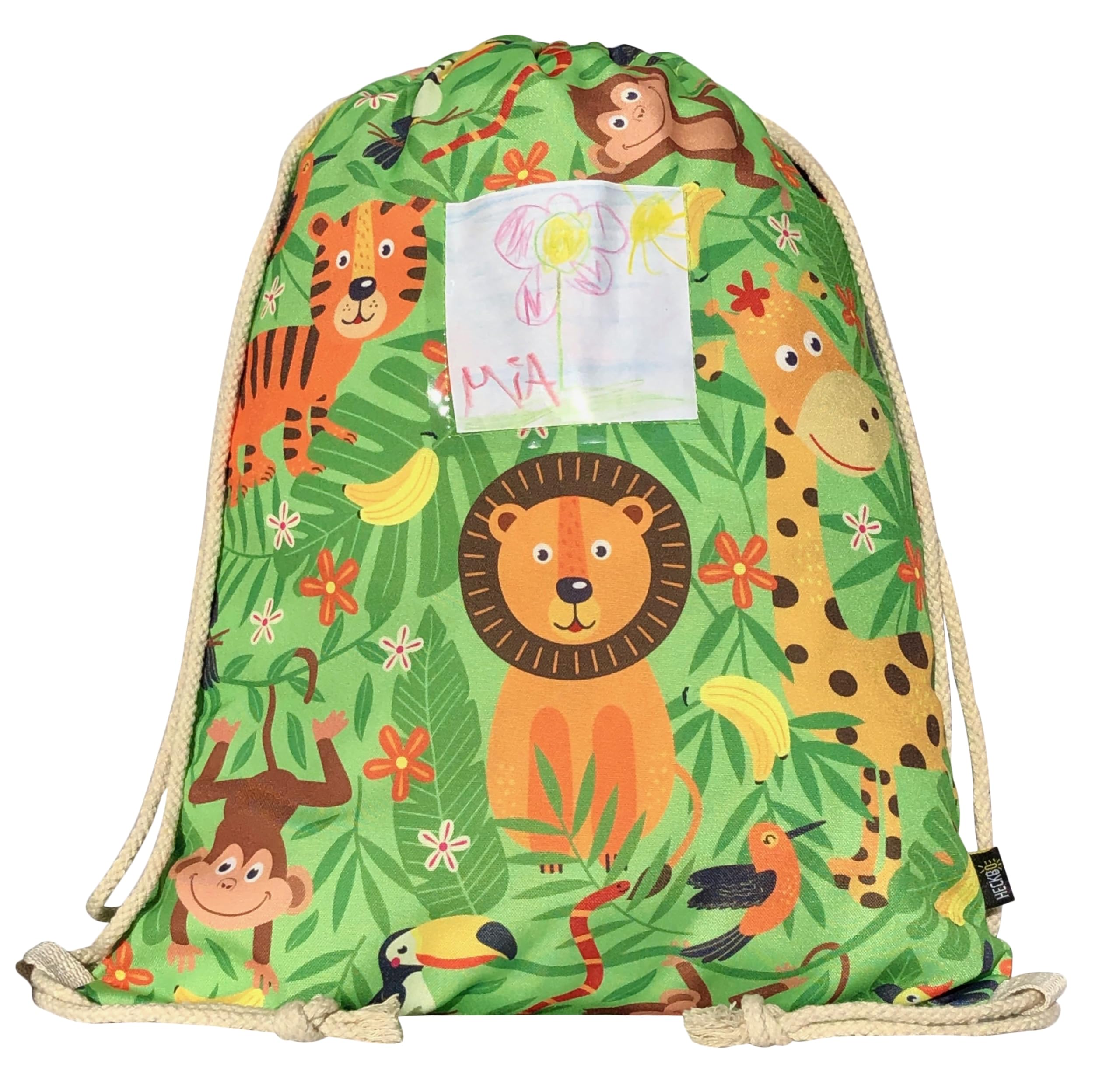 HECKBO Sacca per Bambini, Ragazzi e Ragazze con Taschino di Sicurezza per Foto - Giungla - Lavabile in Lavatrice - 40x32cm - Ideale per Asilo, Viaggi, Sport - Zaino, Borsa da Ginnastica