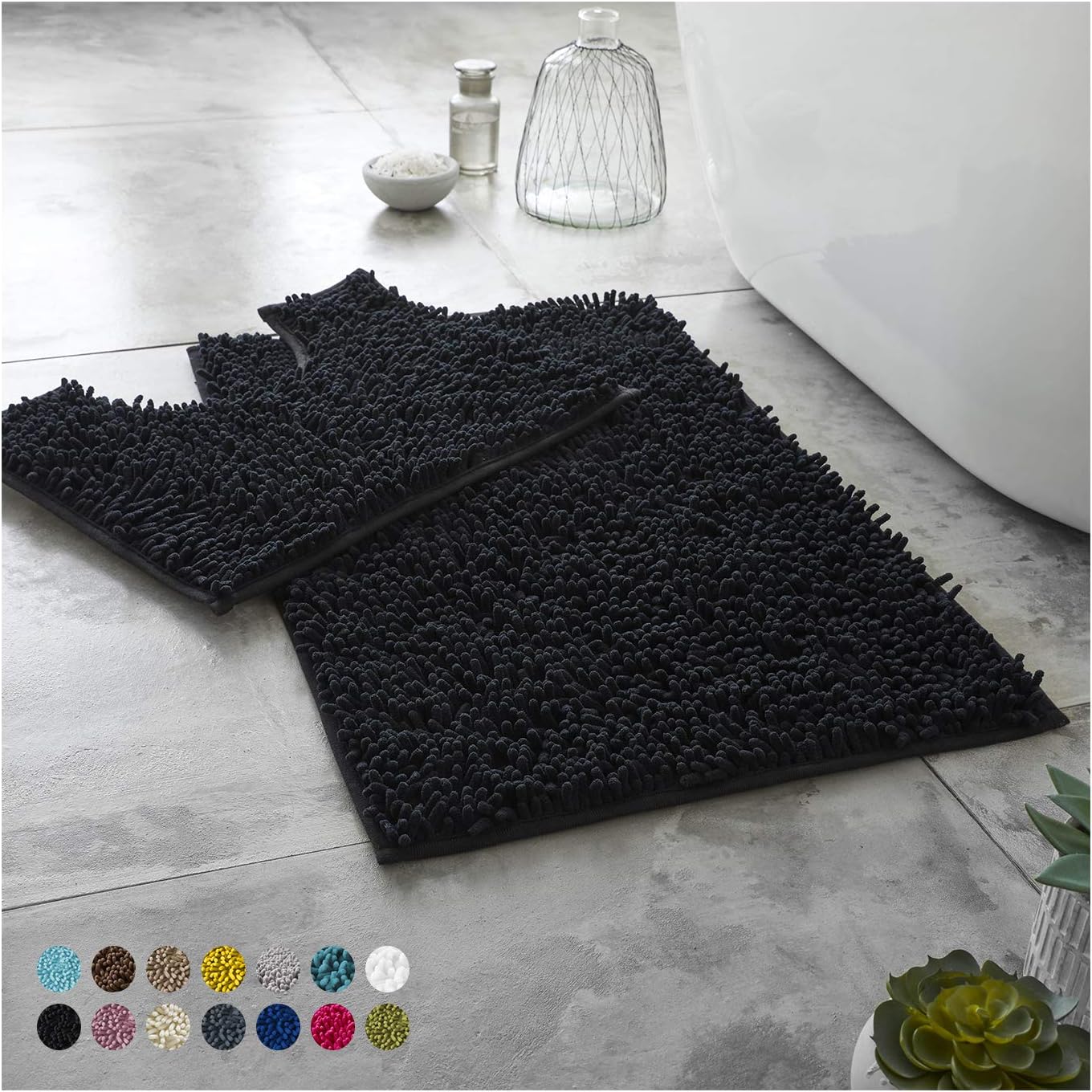 LionsLuxury 2 Piece Loop Bath Mats for Bathroom - Non Slip Chenille Bath Mat Set Rugs, Extra Soft with Water Absorbent Pedestal Bathmat Shower Toilet Mat, Black