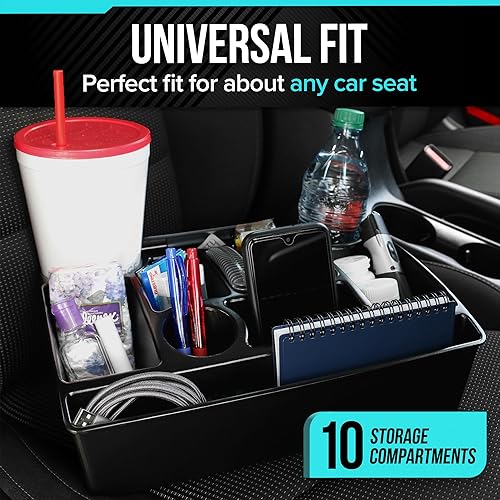Miniatura 6 de Organizador de asiento de vehículo con asa de transporte, 2 portavasos grandes, 10 compartimentos, almacenamiento adicional oculto, se adapta a la