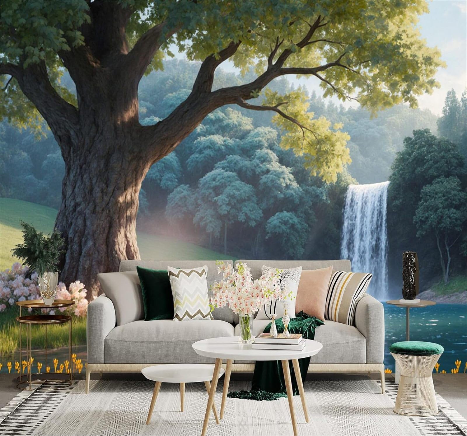 Xlming 400Cm×280Cm(B×H) Serene Waterfall Large Trees Forest River Landscape 3D Wallpaper Premium Textured Silk Study Dining Living Room Bedroom Sofa Tv Wall Easy Install-400Cm×280Cm