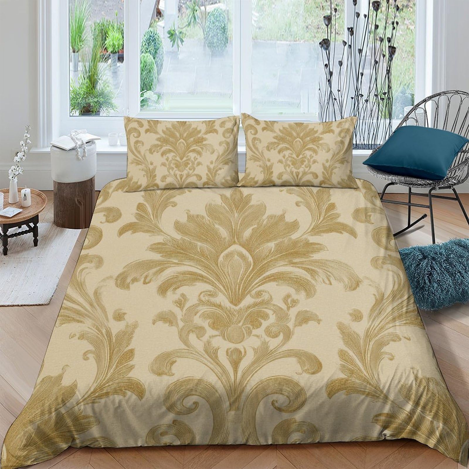 GPLZQXKJNH 3D Printed Baroque Damask Duvet Cover Microfiber Breathable Gold Ornate Bedding Set with 2 Pillowcases for Bedroom Home Decor Single（135x200cm）