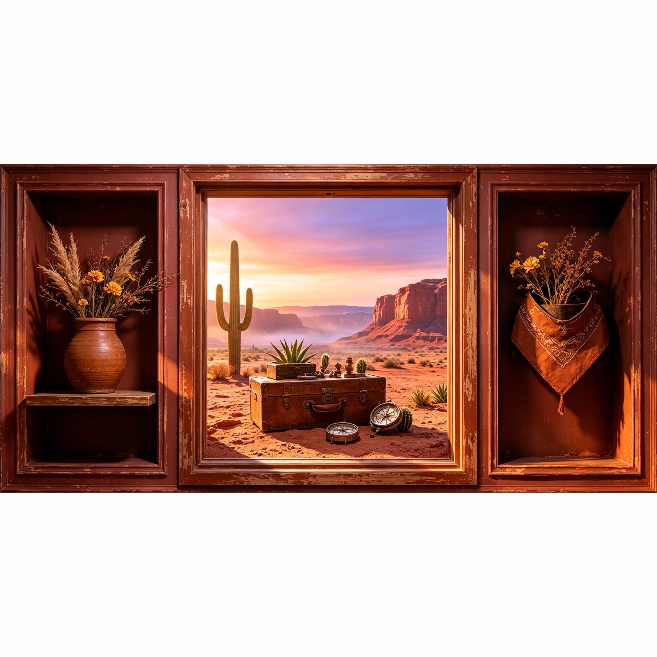 QZLITHOTIC 50x100cm 3D Framed Wall Art， Western Desert Sunset Cactus Landscape Self‑Adhesive Mural， Water‑Activated Peel & Stick Fabric Decor Wall Decal for Bedroom Living Room