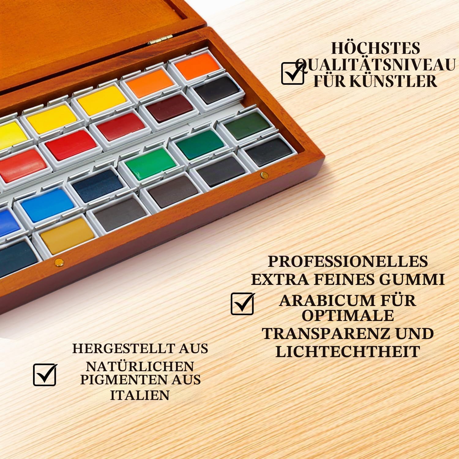 Pinturale Aquarellfarben | Premium Pigmentierung Wasserfarben | 24 große Aquarell + Holzkiste + Tuch | Aquarellkasten, Malkasten, Aquarellfarbkasten für Künstler