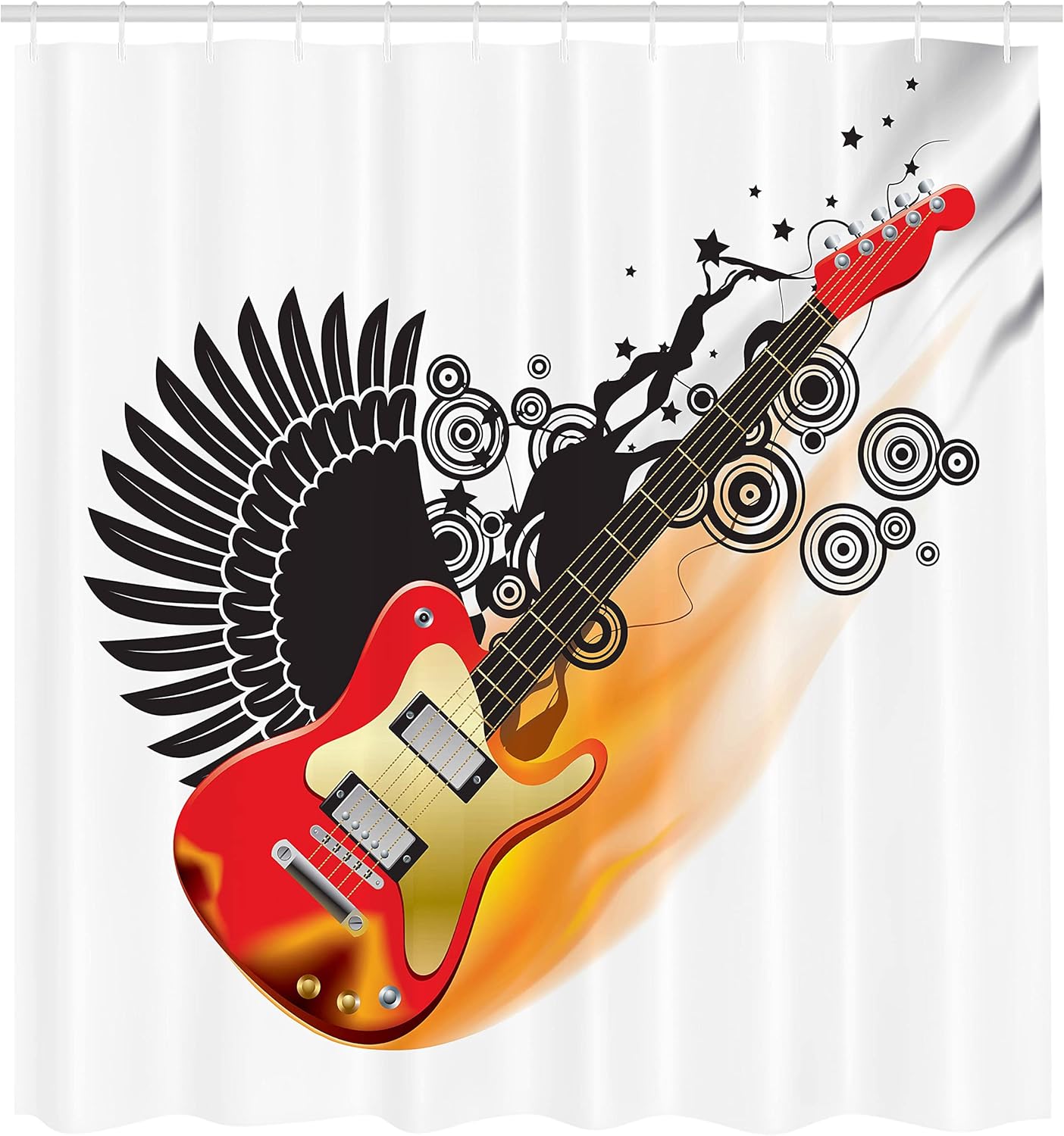 Ambesonne Music Shower Curtain, Bass Guitar Wings in Spirals Rock and Roll Illustration Printed Design, Cloth Fabric Bathroom Decor Set with Hooks, 69" W x 70" L, Scarlet Orange and Black