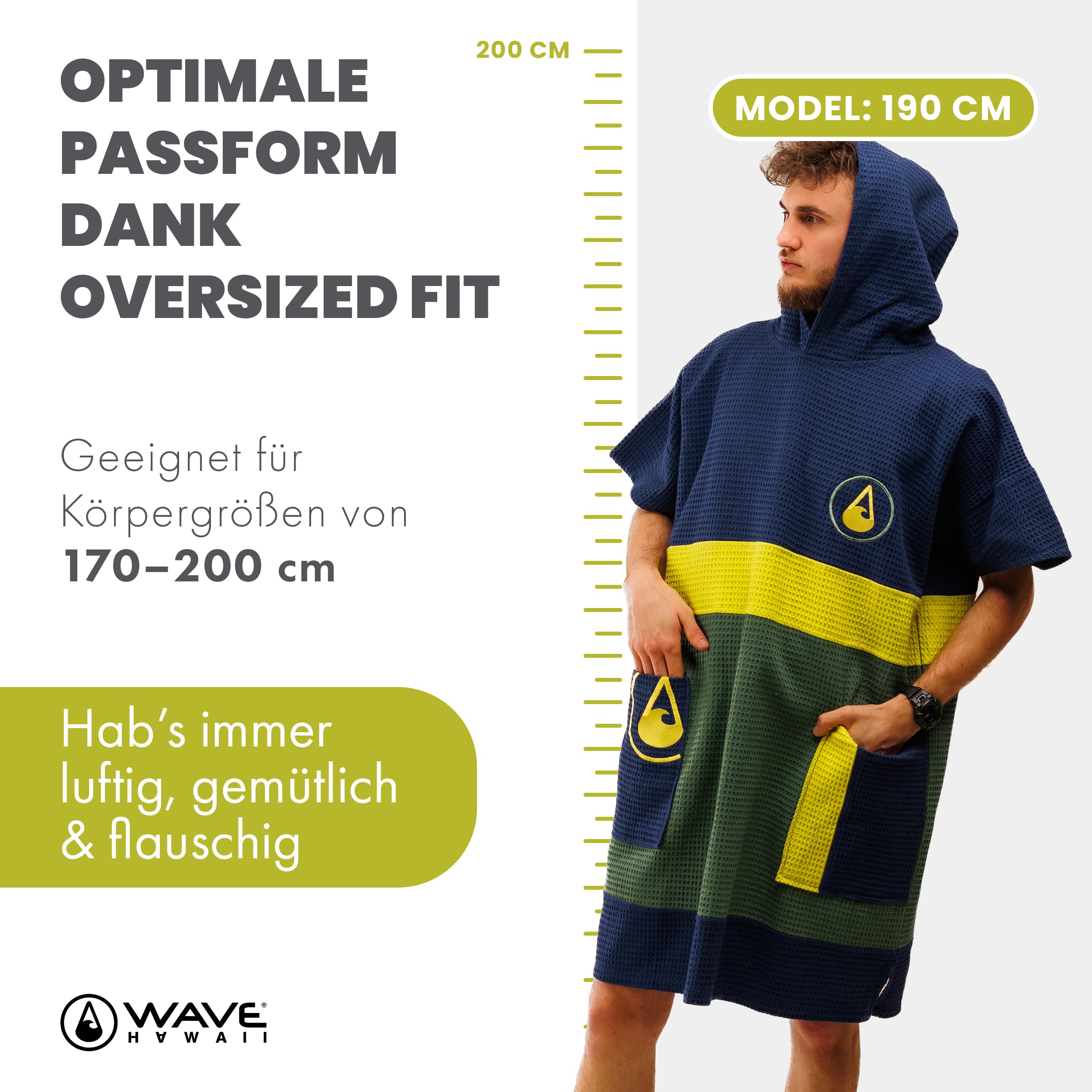 WAVE HAWAII Bade-Poncho Damen & Herren Pampatar, Größe L/XL, 165-195cm, 100% Baumwolle Surf-Poncho Erwachsene, Travel-Handtuch mit hoher Wasserabsorption, Umziehhilfe Strand Erwachsene