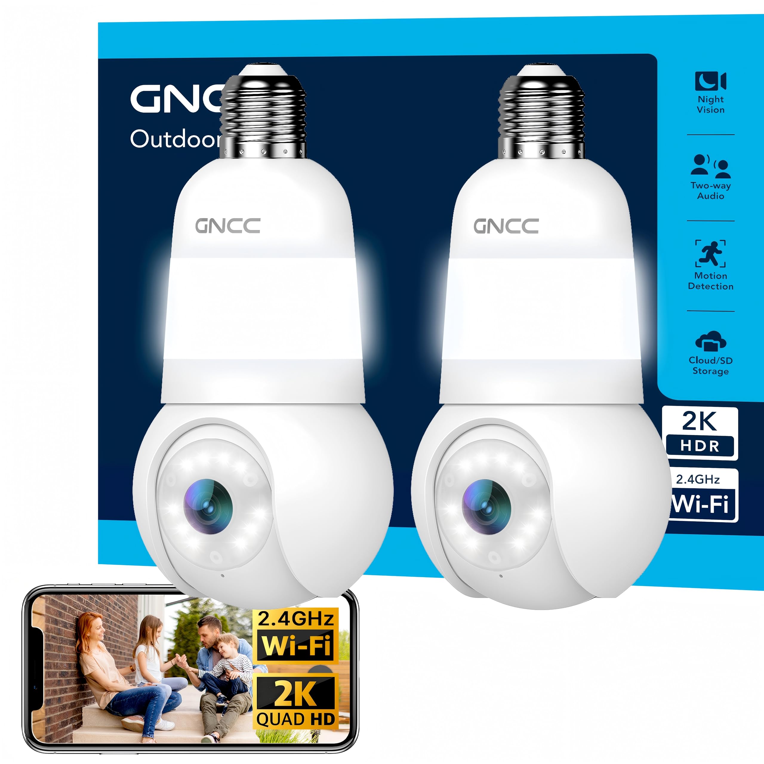 GNCC 2K Light Bulb Security Camera, 2.4GHz Only, 355° Wireless Outdoor Camera, Full-Color Night Vision, Motion Detection, Easy Install, Local & Cloud
