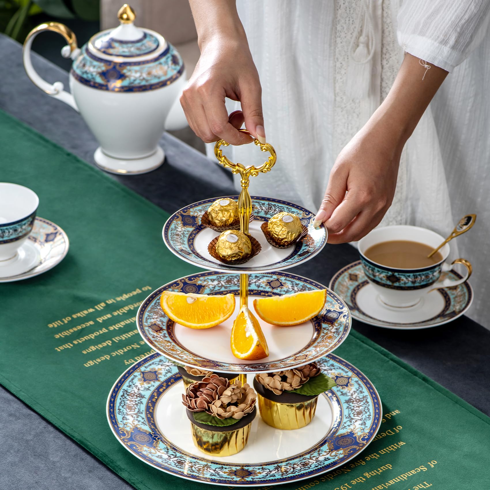 Soporte de té de tarde de 3 niveles, bandeja de porcelana para servir cupcakes, soporte para tartas de porcelana azul y blanca, soporte para servir pasteles para fiestas de té, bodas y