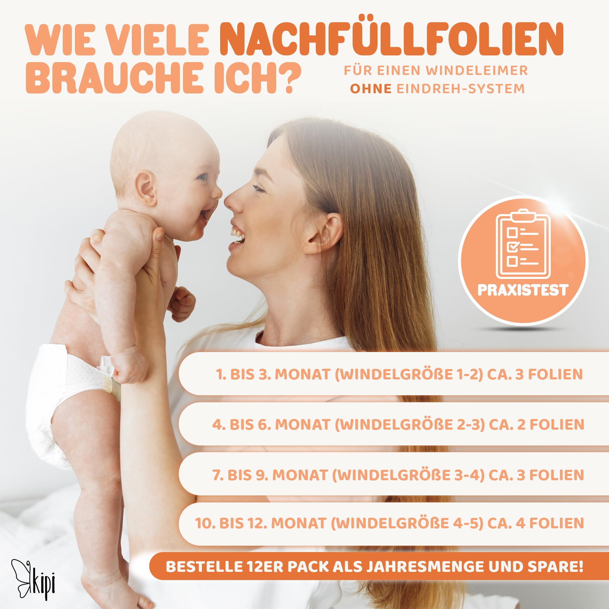 kipi XXL Nachfüllfolie Windeleimer - 8 Stück für runde & achteckige Nachfüllkassetten, extrem ergiebig, geruchsdicht
