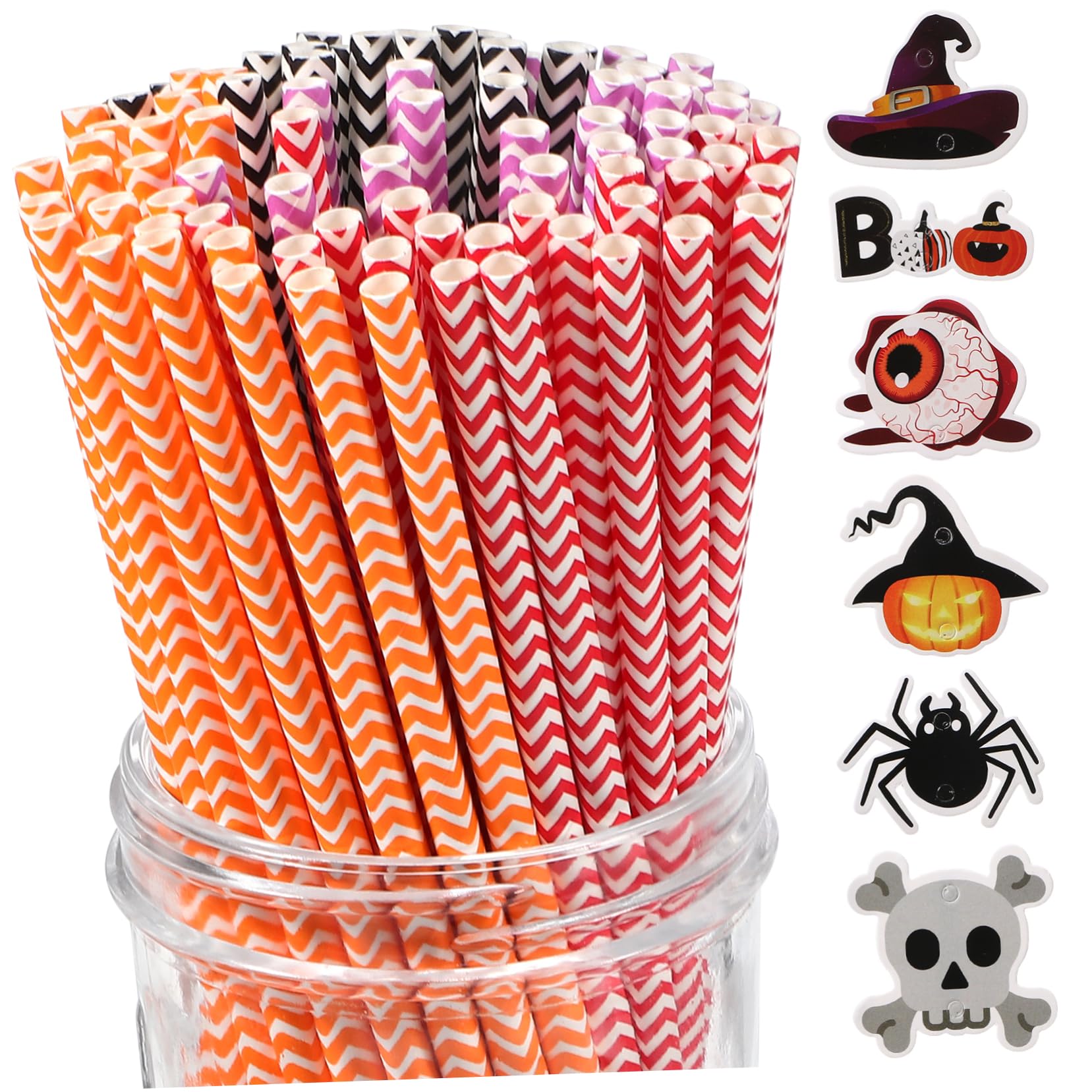 Cabilock 6 Confezioni Cannucce di Carta di Halloween Stampa Colorata Strisce per Feste e Uso Familiare Decorate con Elementi come Ragnetti, Teschi, Bulbi Oculari, Luci di Zucca e Cappelli