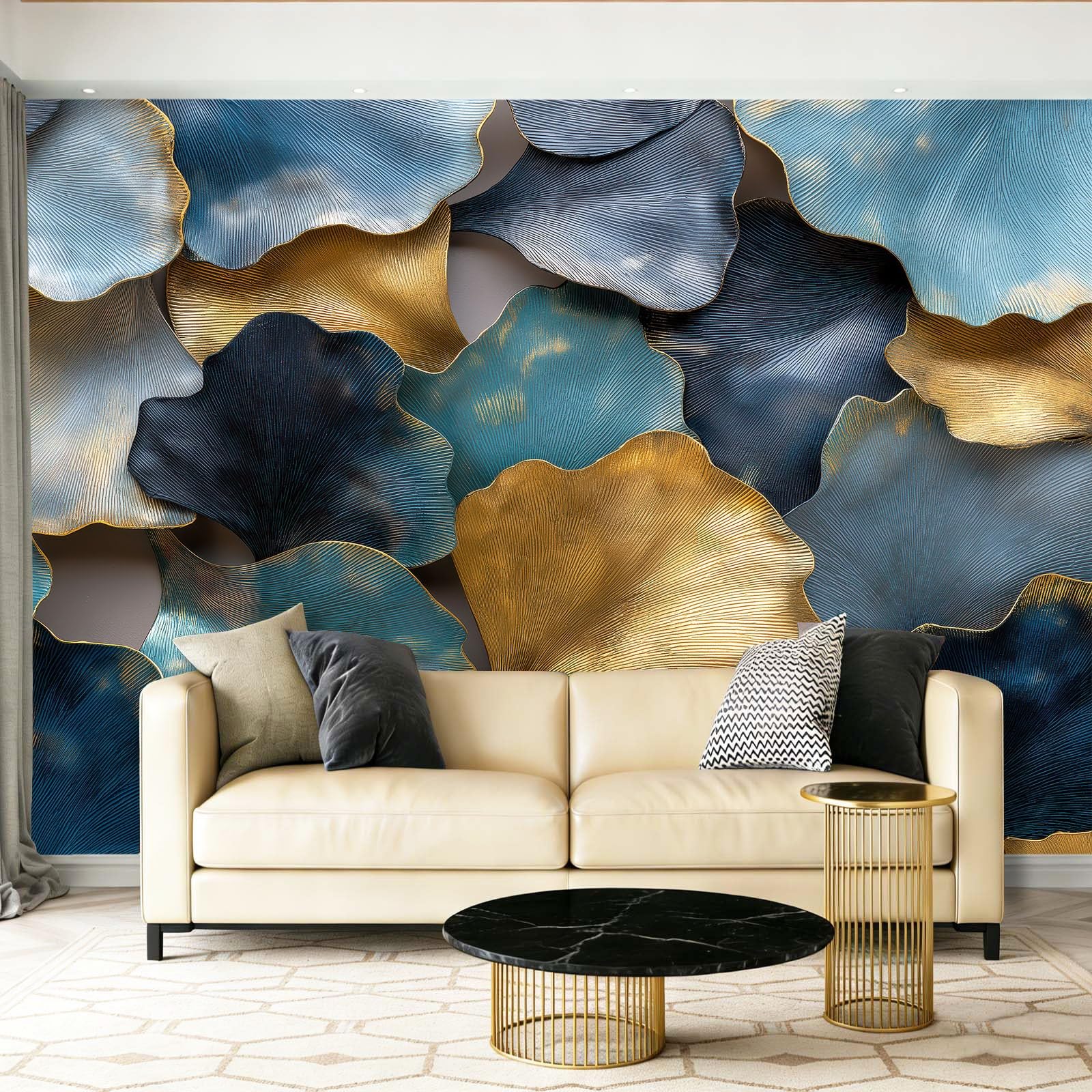Papier peint intissé ginkgo bleu marine moderne 400 x 280 cm relief