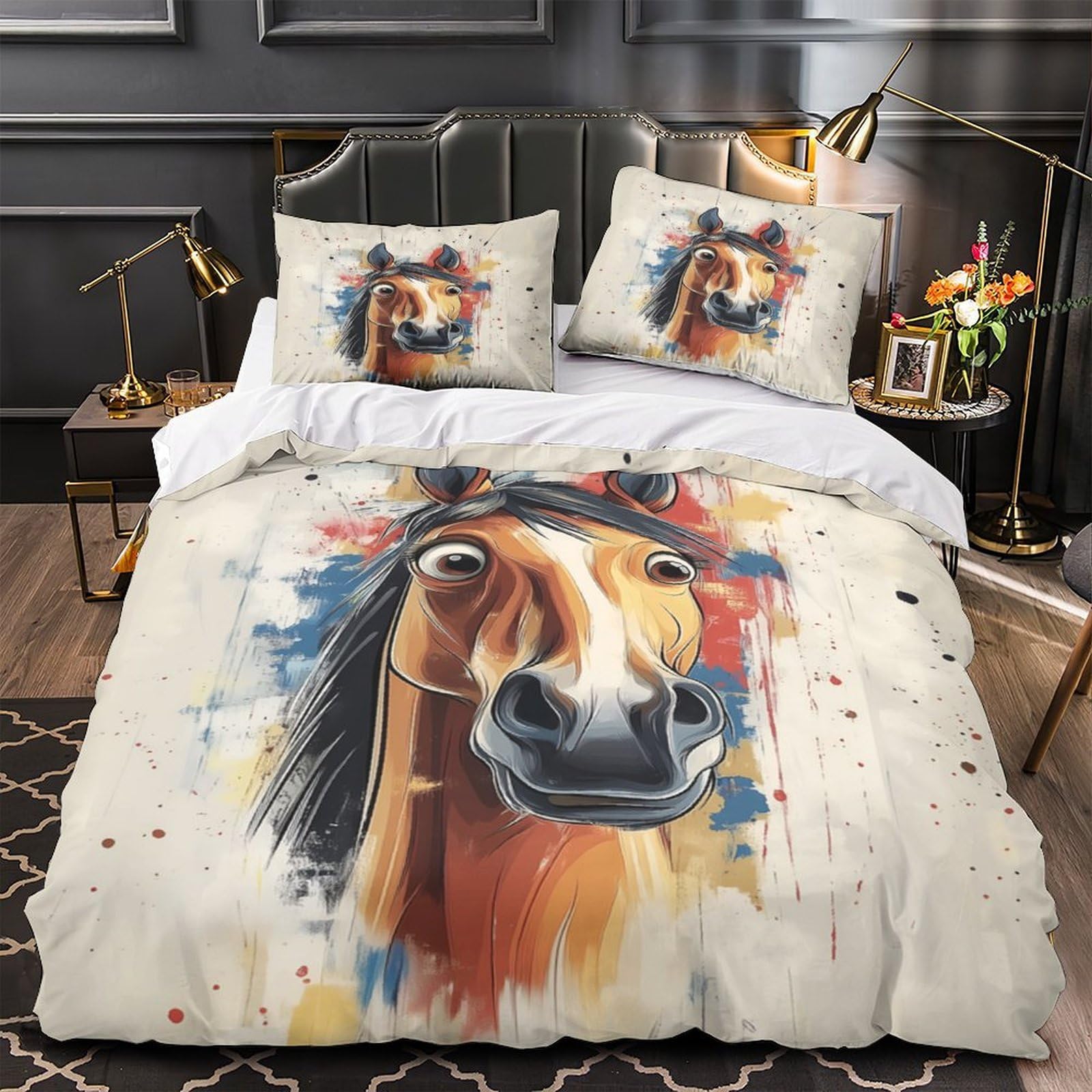 Housse de couette cheval 140x200 parure de lit single microfibre