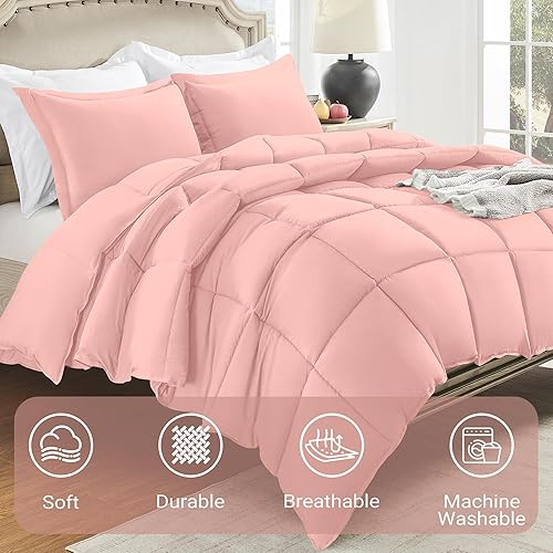 Miniatura 4 de Wellsin Juego de edredón rosa tamaño Queen, juego de edredón de cama alternativo de plumón de 3 piezas, edredón rosa Queen (88 x 92 pulgadas) con 2