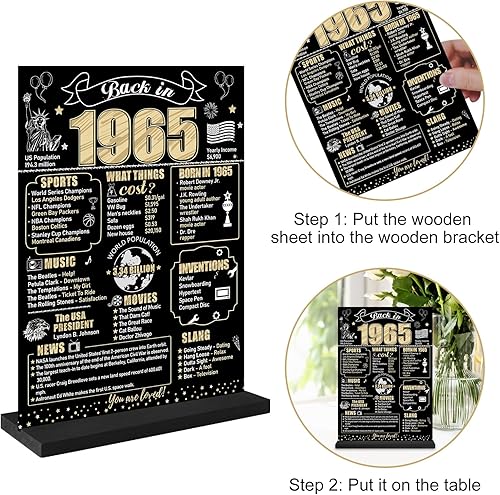 Miniatura 6 de Cartel de mesa de 60 cumpleaños negro y dorado para hombres y mujeres, póster de madera vintage de 60 cumpleaños de dos caras con soporte para