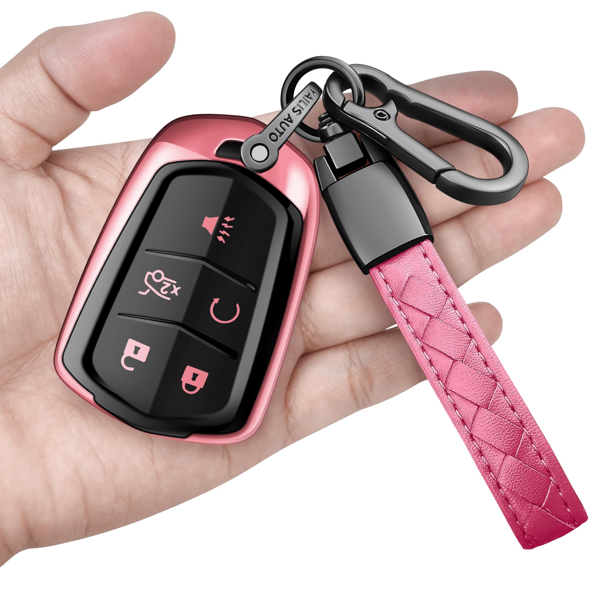 Sindeda for Cadillac Key Fob Cover with Keychain Soft Full Protection Key Shell Key Case Compatible with 2015-2019 Escalade, CTS, SRX, XT5, ATS, STS, and CT6 Smart Key (Pink, 5 Buttons)