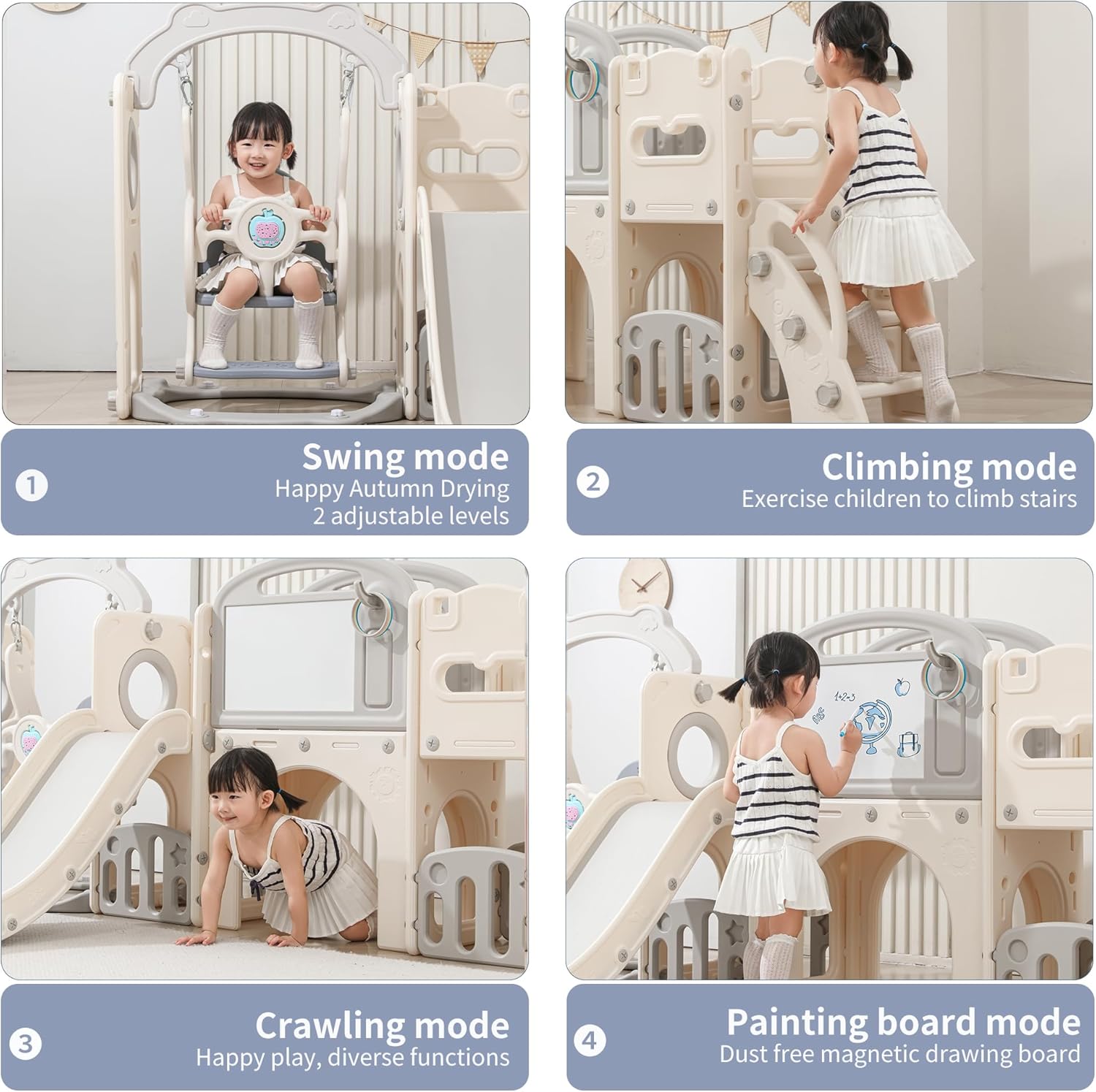 12 in 1 Toddler Outdoor Playset with Swing, Indoor Swing and Slide Set Playground for Toddlers 1-3, Durable Climber Basketball Hoop Ball Toddler Indoor Playset for Home Playground-White Grey image 3 of 7 B0F2MJRQV7