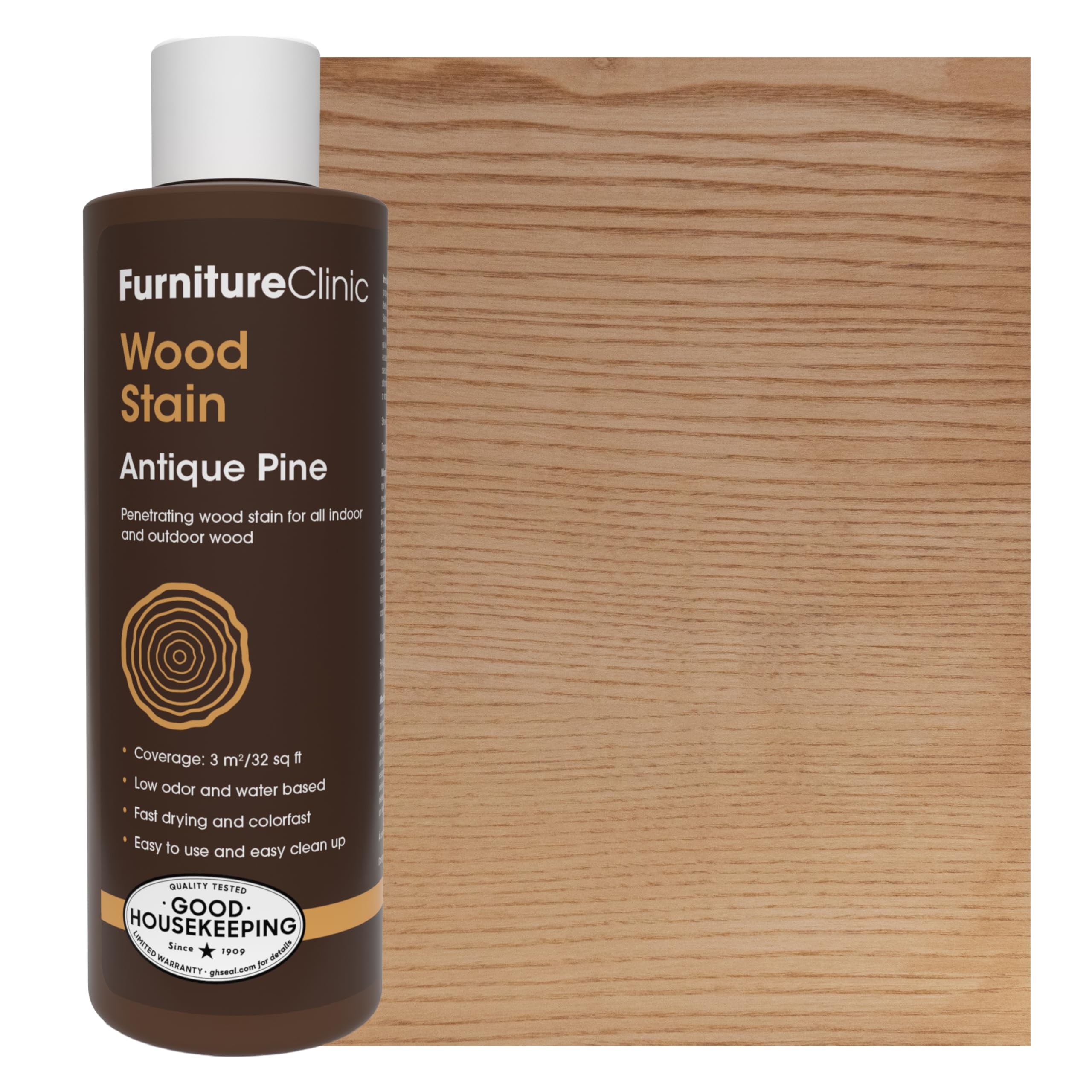 Furniture Clinic Wood Stain | Antique Pine | Water Based | Fast Drying, Low Odor, & Non-Toxic | for Indoor & Outdoor Furniture and More | Multiple Finishes | (8.5oz / 250ml)