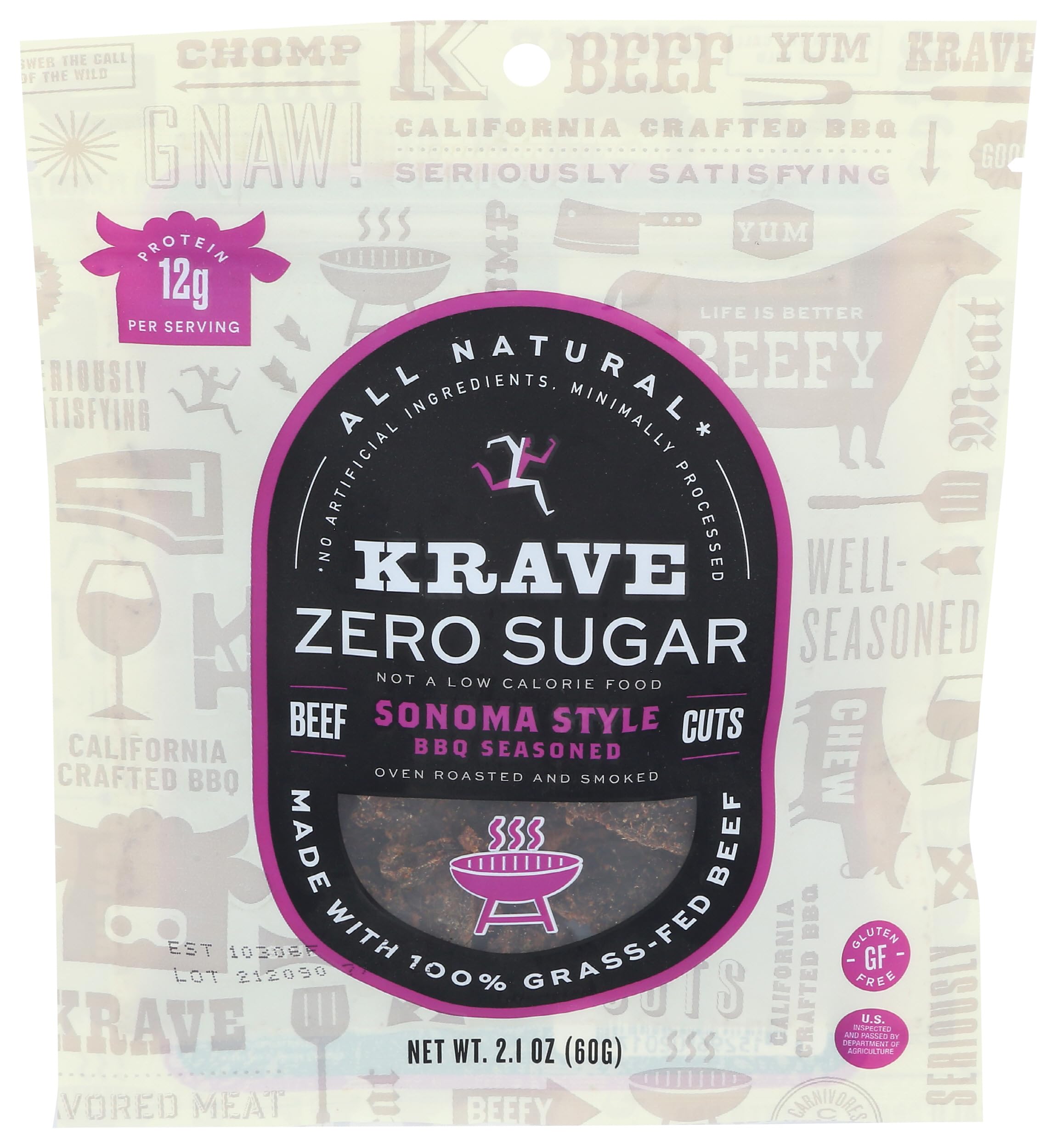 KRAVE Zero Sugar Beef Jerky, Sonoma Style BBQ - All Natural 100% Grass Fed Beef - Protein Packed Keto Snacks Roasted for Maximum Flavor - Gluten Free - 2.1 Ounce