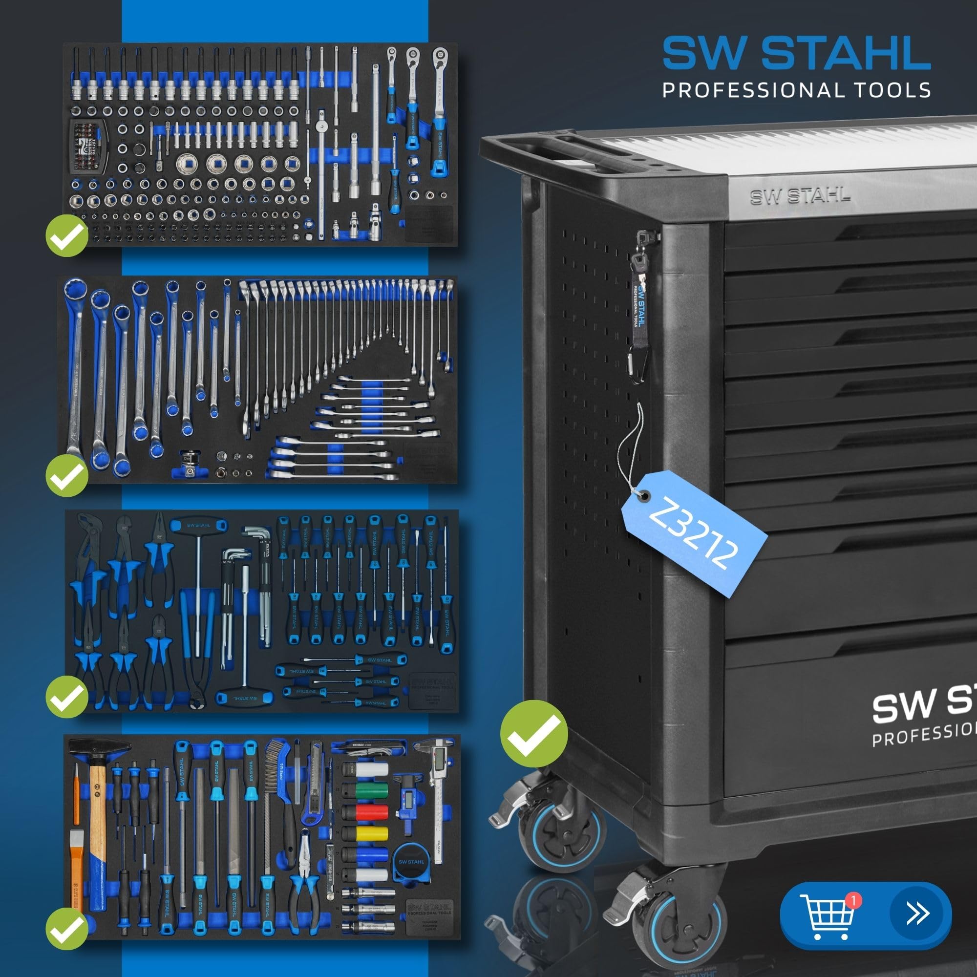 SW-Stahl Z3212 Profesjonalny Wózek Warsztatowy TT802 z Narzędziami, 338 el. | Wózek z wyposażeniem, 8 szuflad, stal nierdzewna, system Twin-Lock, kółka TPE, perforowane ścianki i uchwyty na akcesoria.