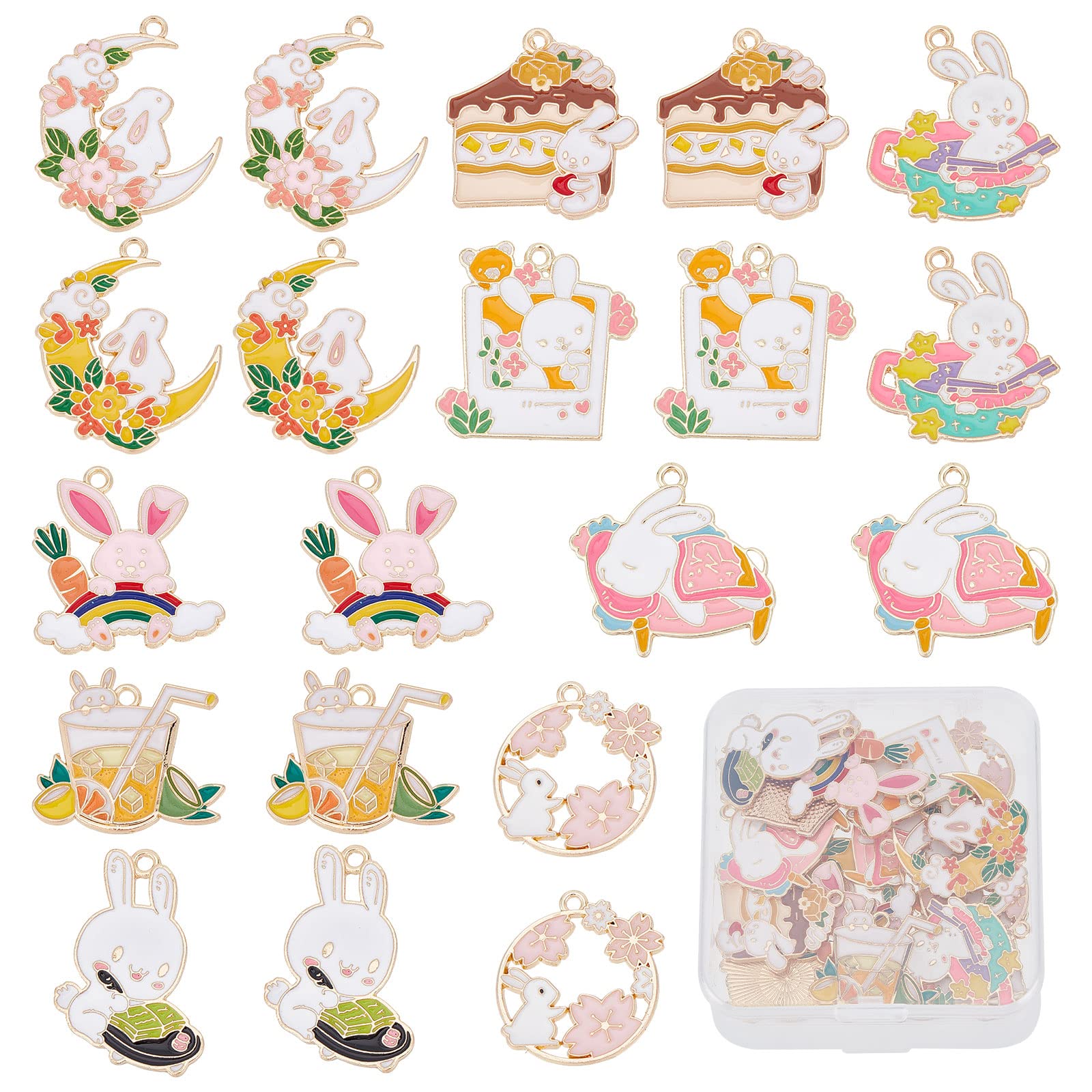 SUNNYCLUE 20Pcs Japanese Style Enamel Bunny Charm Set including Moon, Sakura Flower
