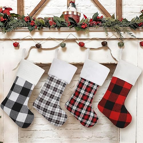 Miniatura 2 de Juego de 4 medias de Navidad a cuadros de búfalo, medias de Navidad grandes tradicionales rojas y negras, medias de Navidad únicas para repisa,