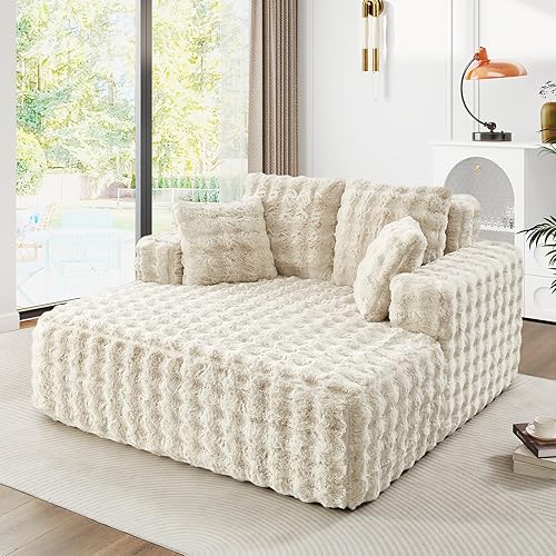 56" W Oversized Chaise Lounge Chair Indoor,Plush Faux Fur Sleeper Couch Sofa Bed with Pillows,Fluffy Comfy Cloud Sofa,Compression Foam Boneless Couch for Living Room,Bedroom(Bubble, Beige)