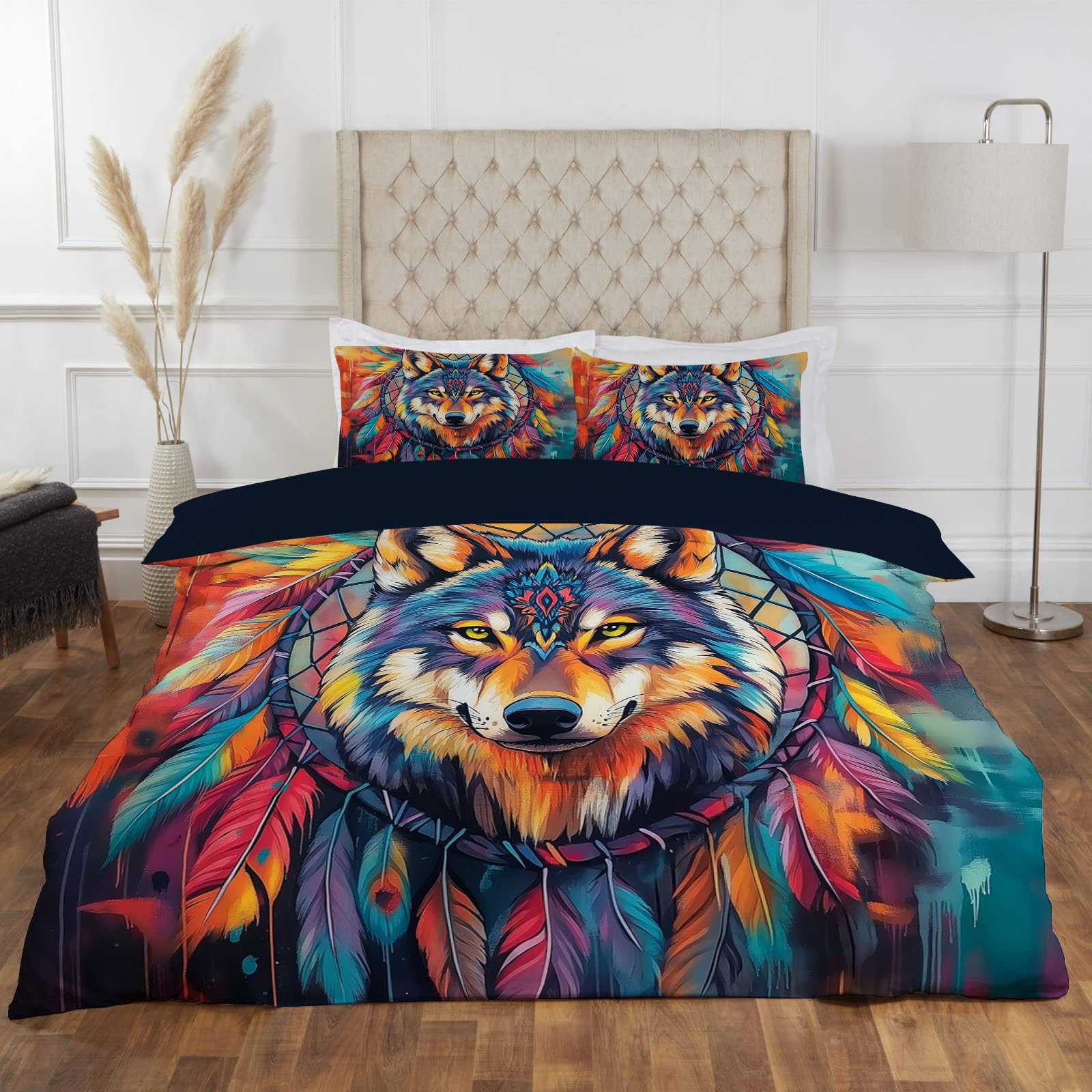 CEDNXOER Reversible Bedding Bed Set,3D Bohemian Animals Super King Printed Feather Wolf Duvet Cover Sets + 2 Matching Pillowcases,Easy Care
