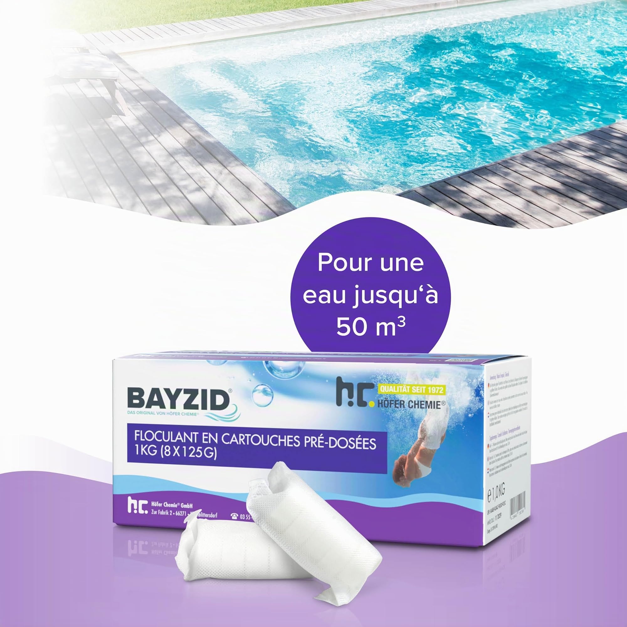 Höfer Chemie 4 x 1 kg BAYZID® Cartouches de Floculant Piscine Pré-dosées (8 x 125 g) - Élimination Rapide des Impuretés pour Piscines avec Filtres à Sable, Facile à Utiliser