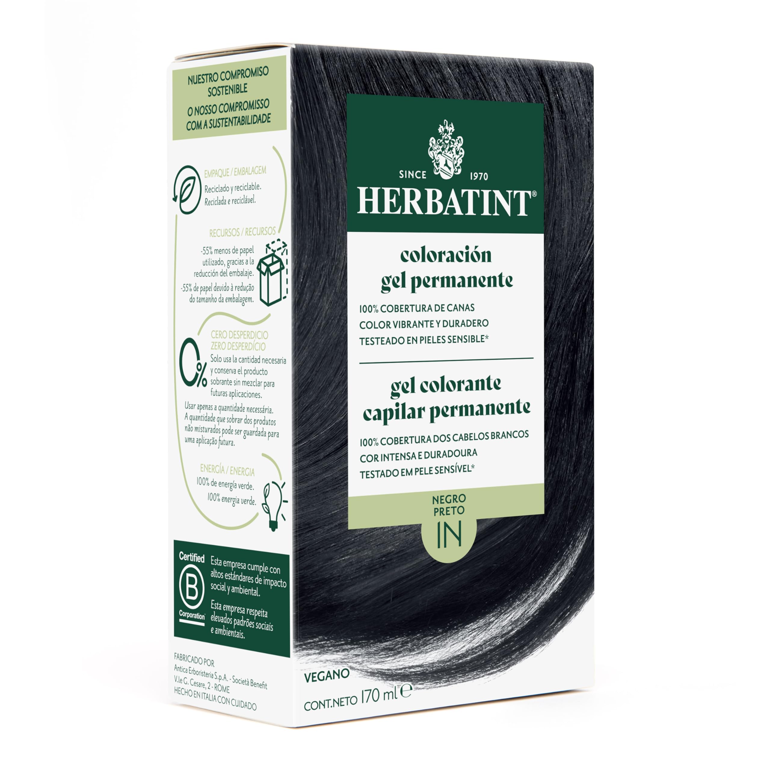 Herbatint Coloración Gel Permanente para Cabello 1N Negro - 170 ml | Sin Amoniaco, 100% Cobertura de Canas | para Pieles Sensibles, con 8 Extractos Naturales Bio