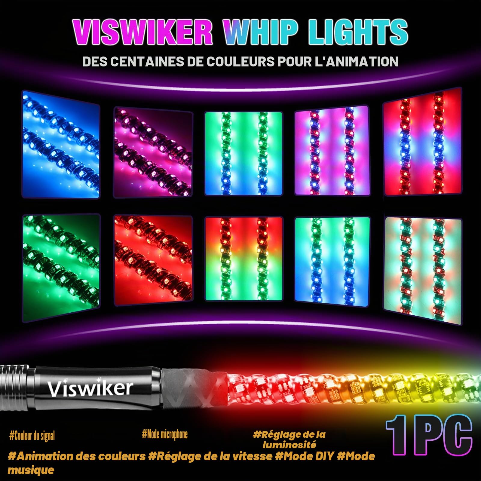 1 pièce de 1 m de lumières LED Whip pour UTV/VTT, APP et télécommande, modes de couleurs changeantes, lumière tout-terrain étanche pour Can-Am, Polaris RZR, buggys de dune, base à ressort