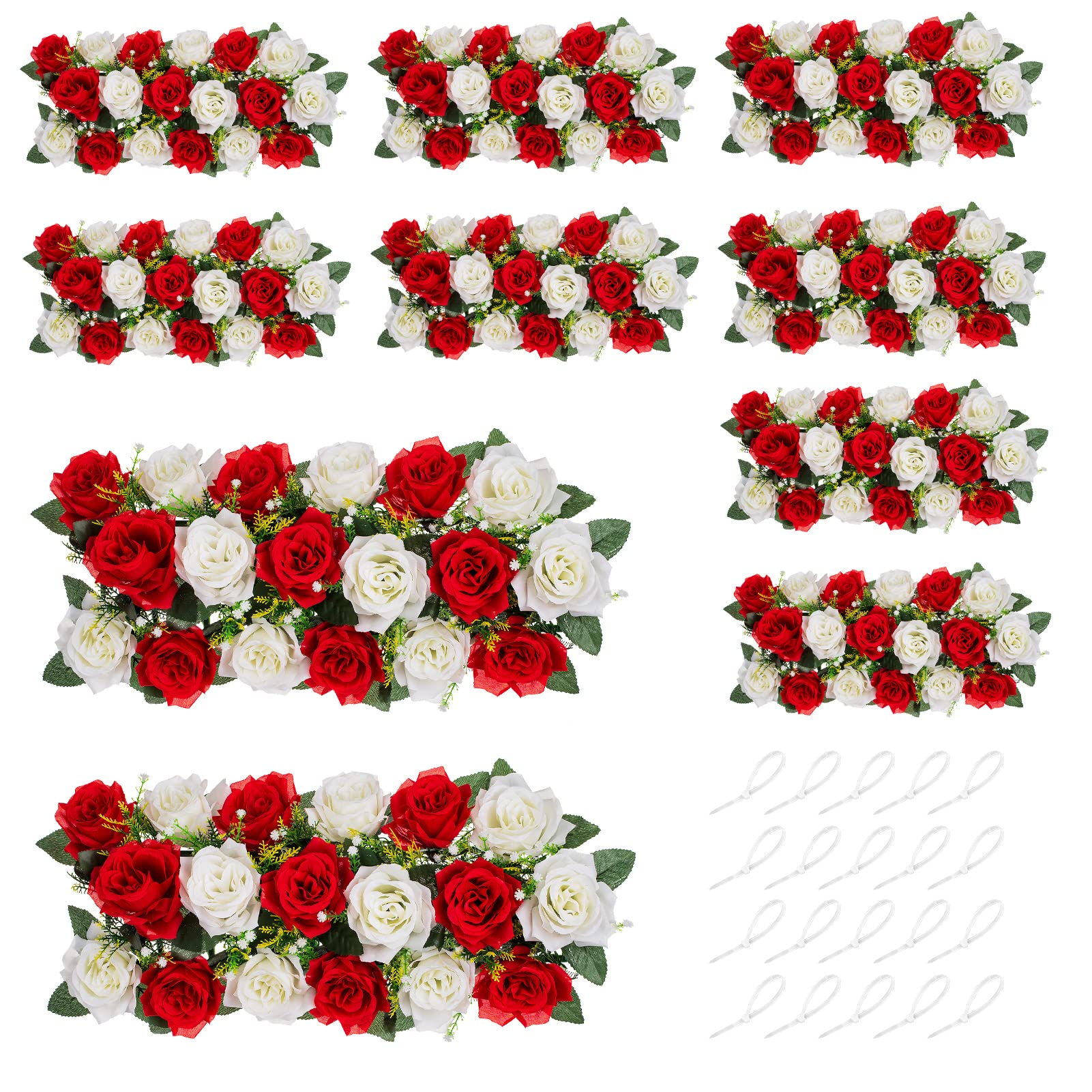 NUPTIO Wedding Floral Centerpieces for Tables - 10 Pcs 19.6in Long Spring Flower Arrangements Artificial Centerpiece, Elegant Red & White Fake Rose Flowers Arrangement for Party Weddings Dining Table