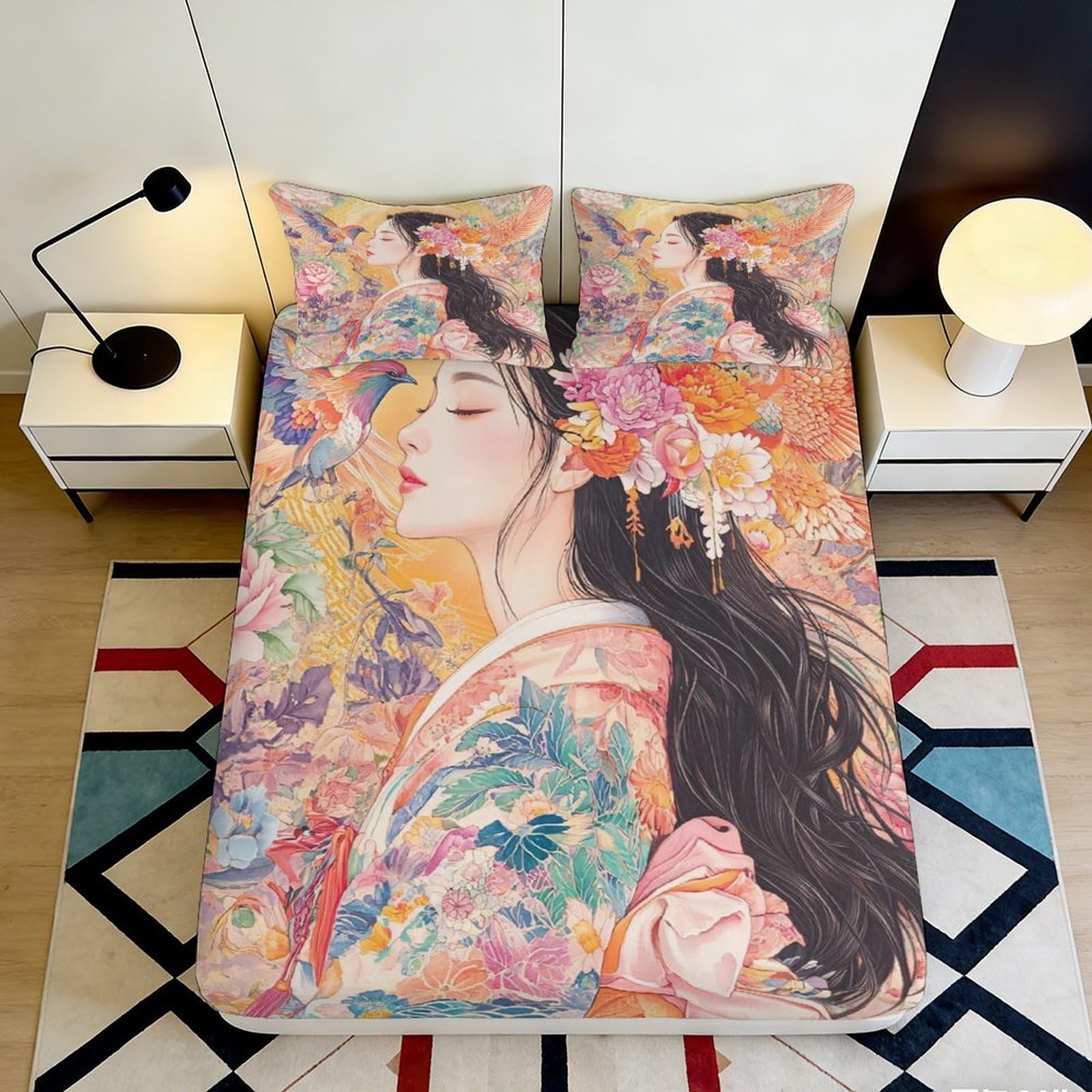3D Printed Floral Kimono Fitted Sheet Microfiber Soft Breathable Geisha Art Mattress Cover for Bedroom Dorm Decor 120x200x25cm