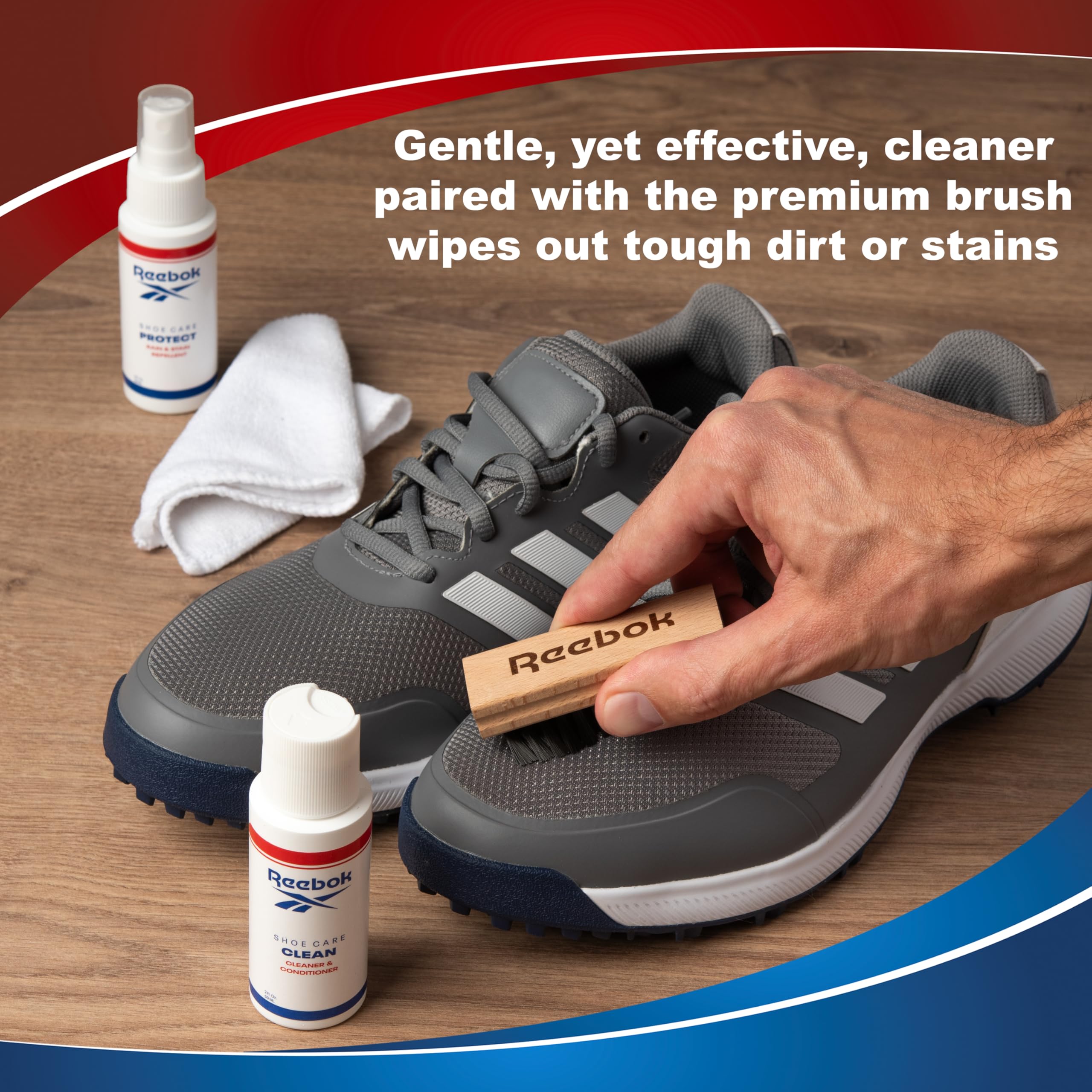 Reebok Athletic Kit - Kit de limpieza de zapatos para tenis, malla, cuero, gamuza y lona - Kit de limpieza de zapatos, incluye limpiador de zapatos de 2 onzas, spray protector de zapatos de 2 onzas,