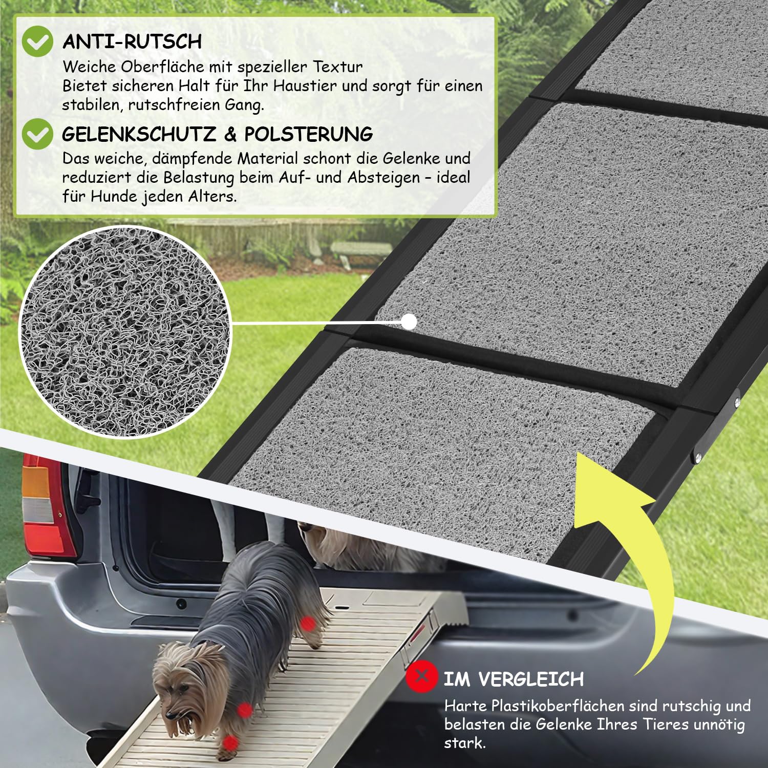 Hunderampe Auto Klappbar 170x44cm, Faltbare & rutschfeste Hundetreppe Auto & SUV bis 80kg, Aluminium Rampe mit Schlingen-Teppich Oberfläche, Leicht & Stabil, Hund Rampe Grau