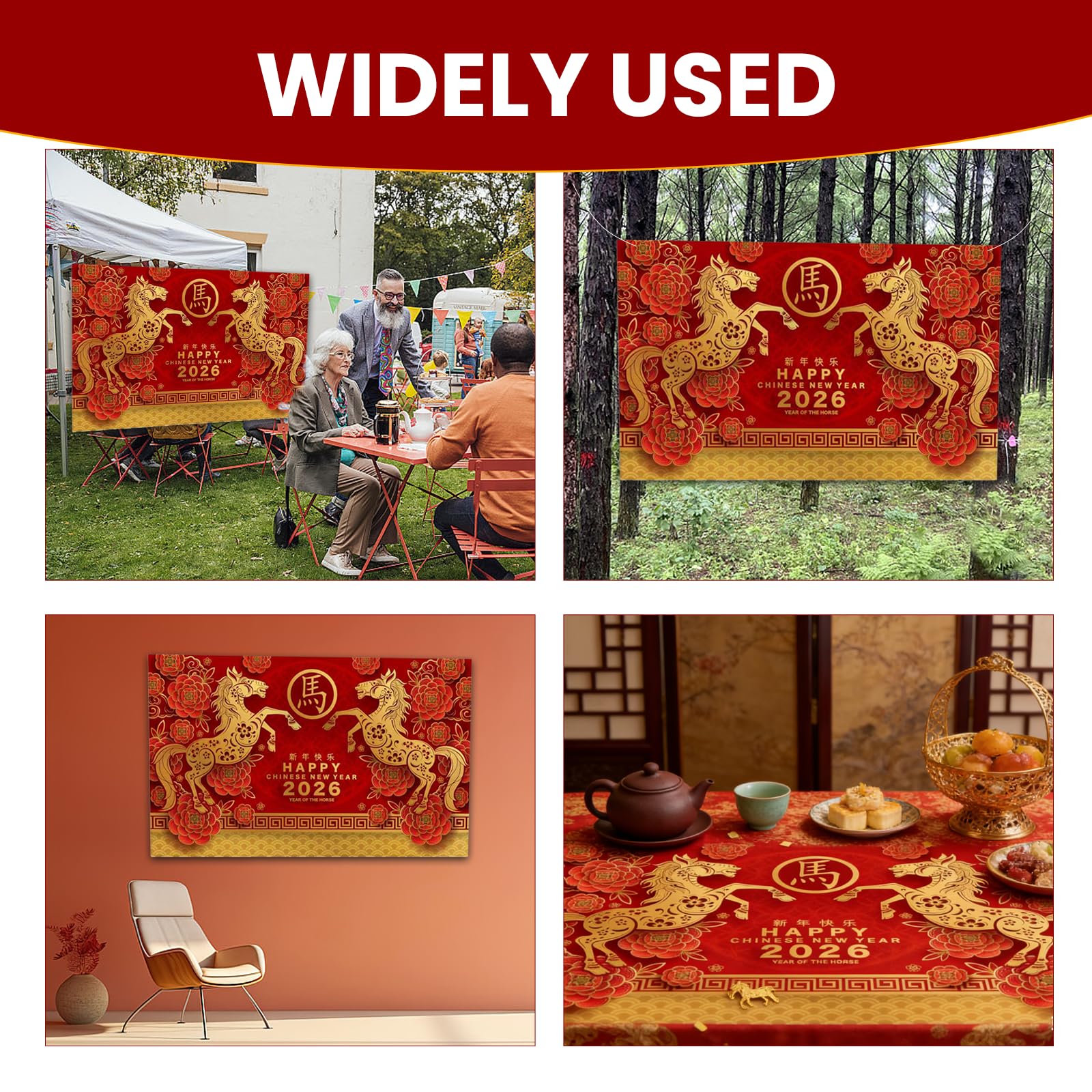 Chinese New Year 2026 Banner Large,Red Backdrop Banner for Chinese New Year Decoration 2026 Year of The Horse,2026 Wall Poster Backdrop for Party Outdoor and Indoor Photo Props,180 x 110cm,Fabric - Image 4
