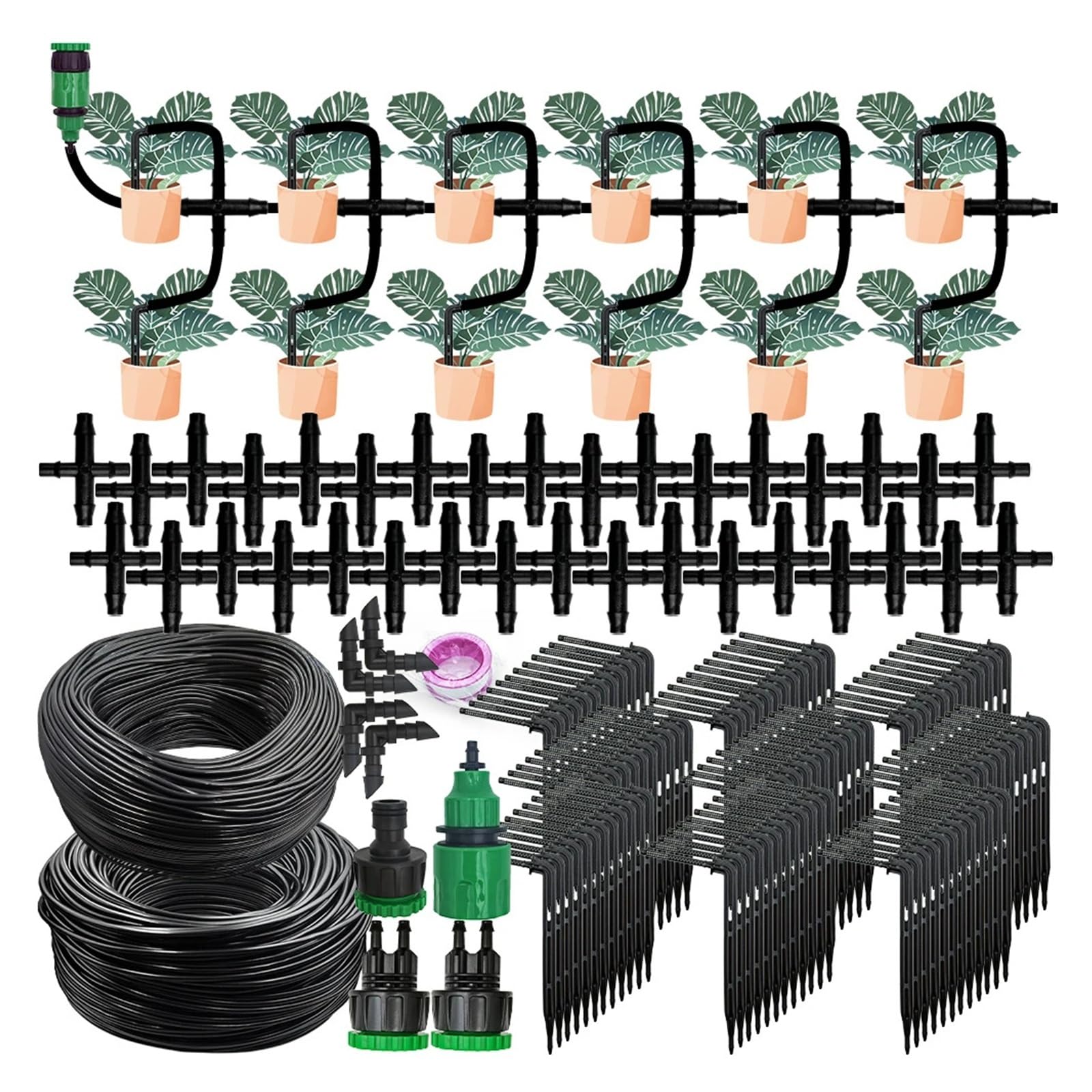 Kit di irrigazione a goccia for serra Sistema di irrigazione automatico Giardino Gocciolatore for tubo a 4 vie da 4/7mm a 3/5mm for piante in vaso Bonsai di verdure(15M-40 Drippers)