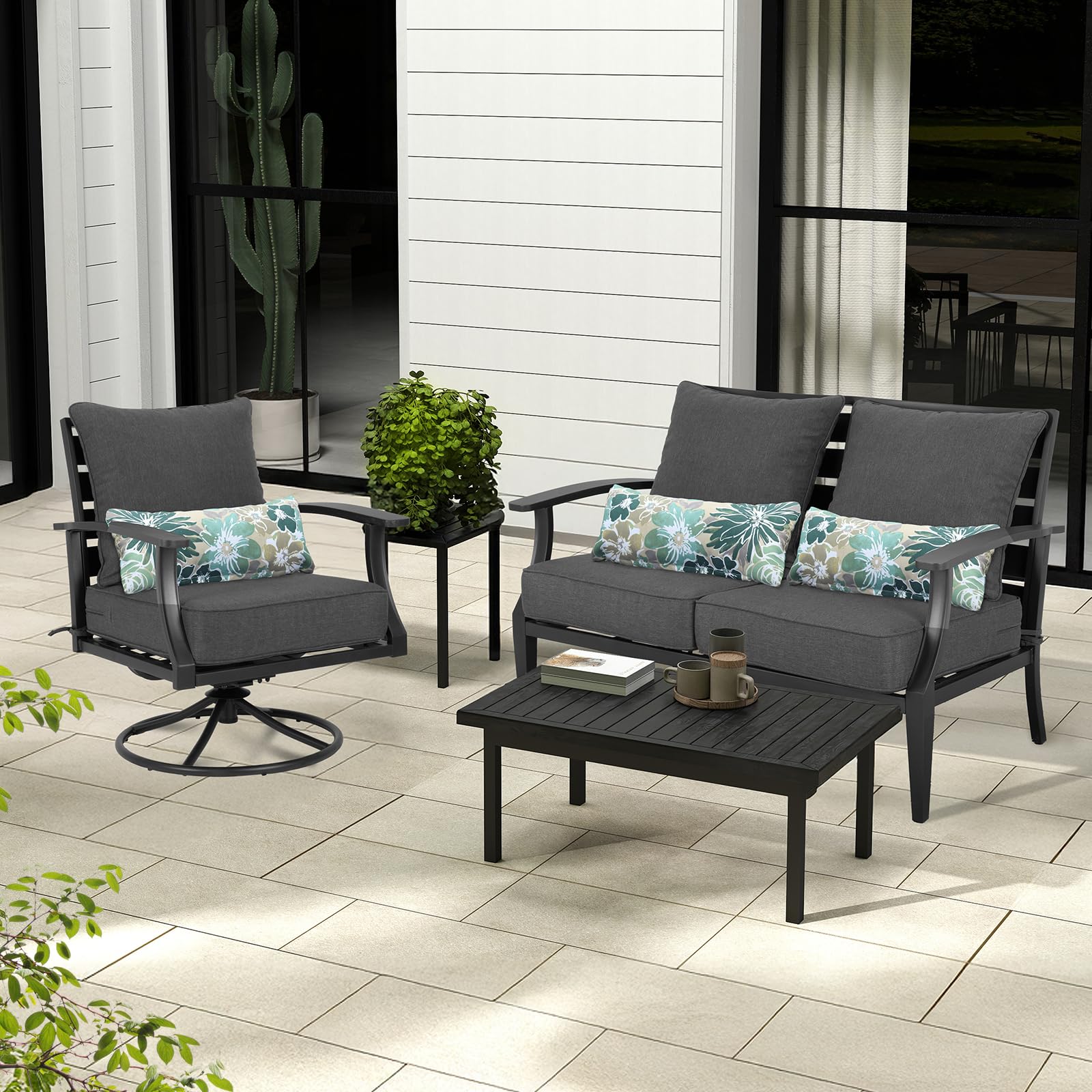 Aoodor Outdoor Sitzkissen, Anthrazit, 61x56x13 cm, 2er-Set | Mit Rückenlehne & Lendenkissen, Wasserabweisendes Olefin-Gewebe, Lichtbeständig, Für Gartenstühle, Rattansessel & Balkonmöbel