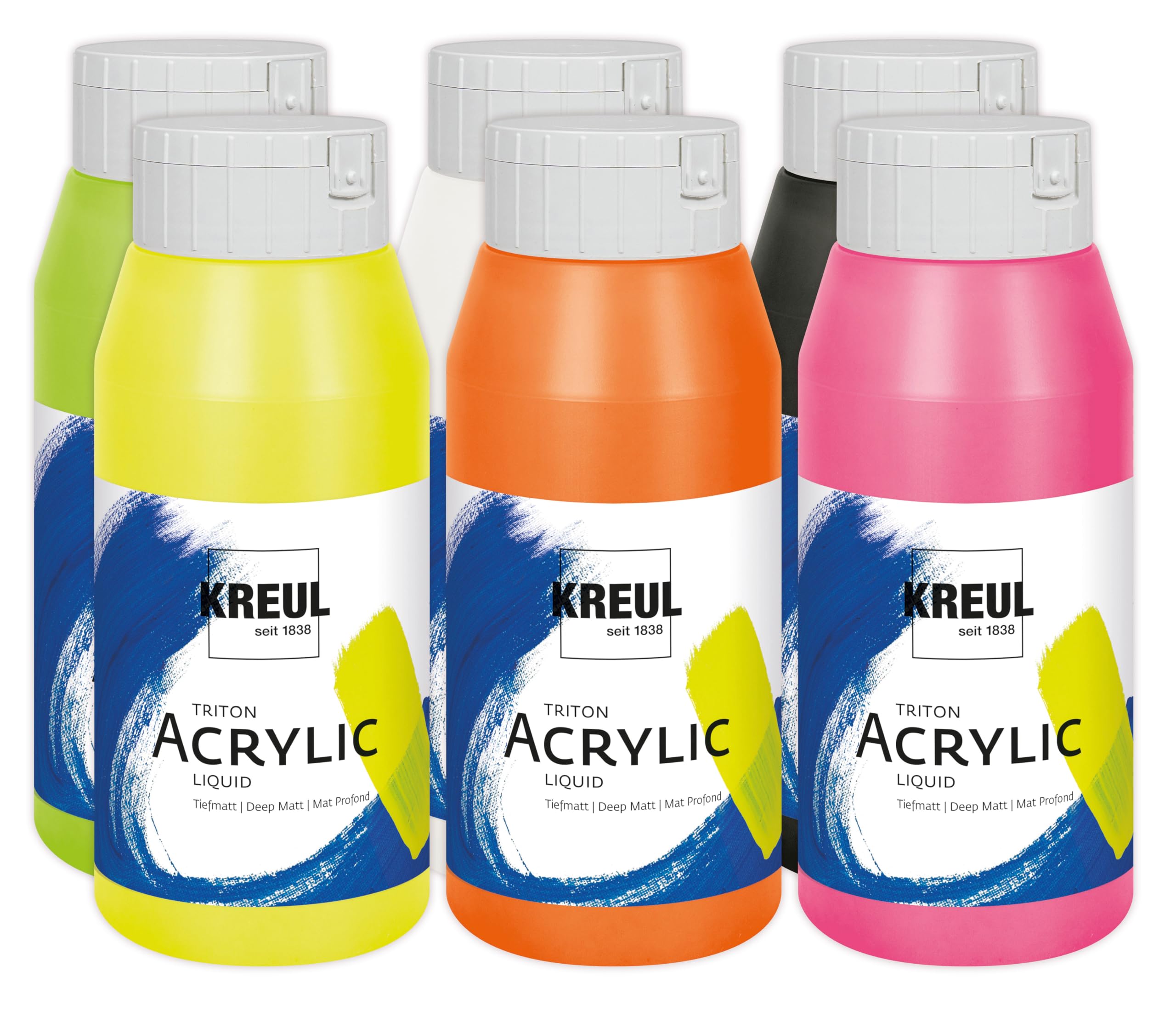 KREUL KREUL-35604-17999 liquides acryliques Triton, peintures 6 x 750, mélange néon, lot harmonisé de artistiques de Haute qualité, Lumineuses et Riches en Couleurs, Acrylic, Multicolour, 6x 750 ml