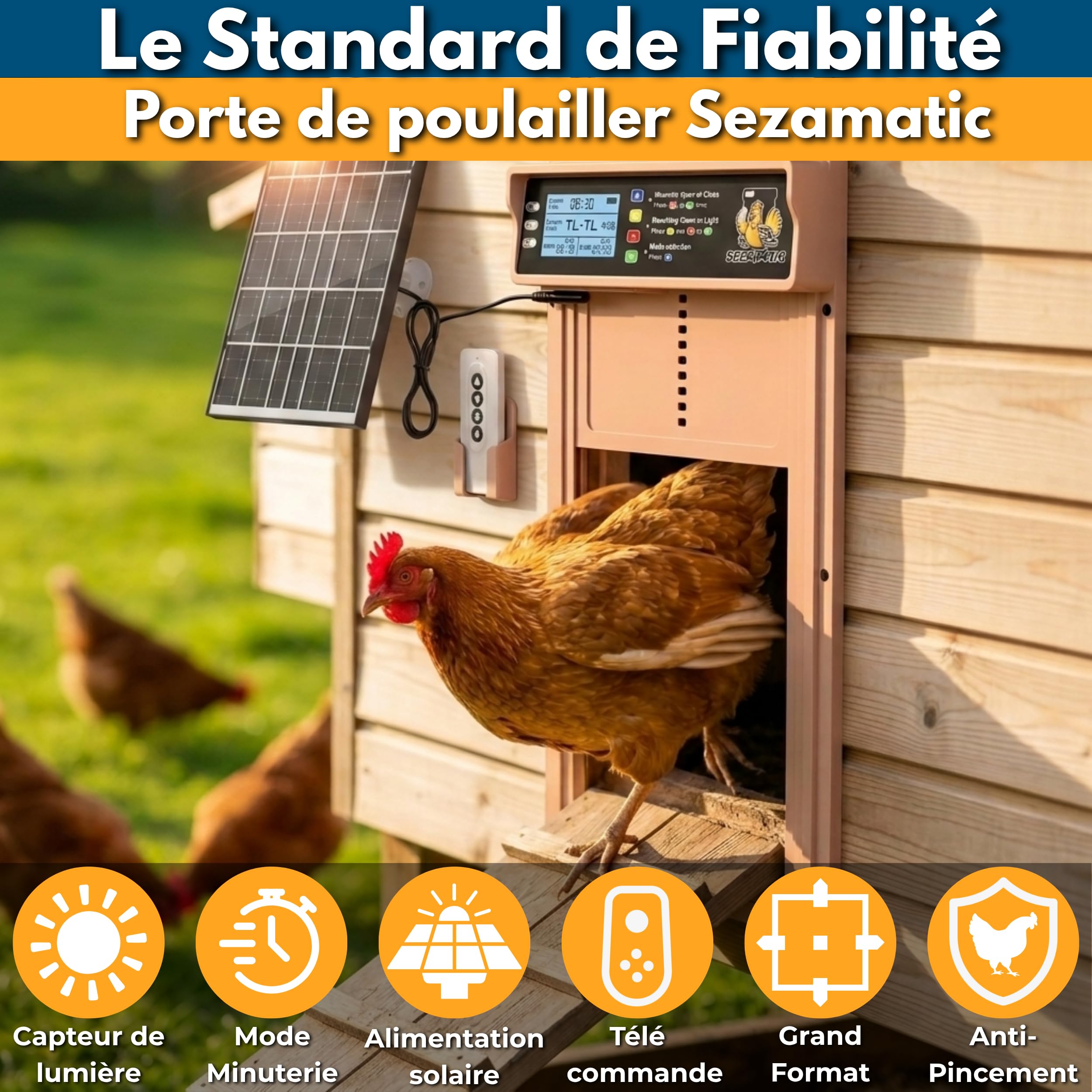 Porte Poulailler Automatique Solaire SEZAMATIC - Aluminium - Ecran LCD - Télécommande - Capteur de Lumière et Minuterie - Fonction Anti-pincement - Sécurité et Tranquillité d'esprit - Garantie 2 Ans