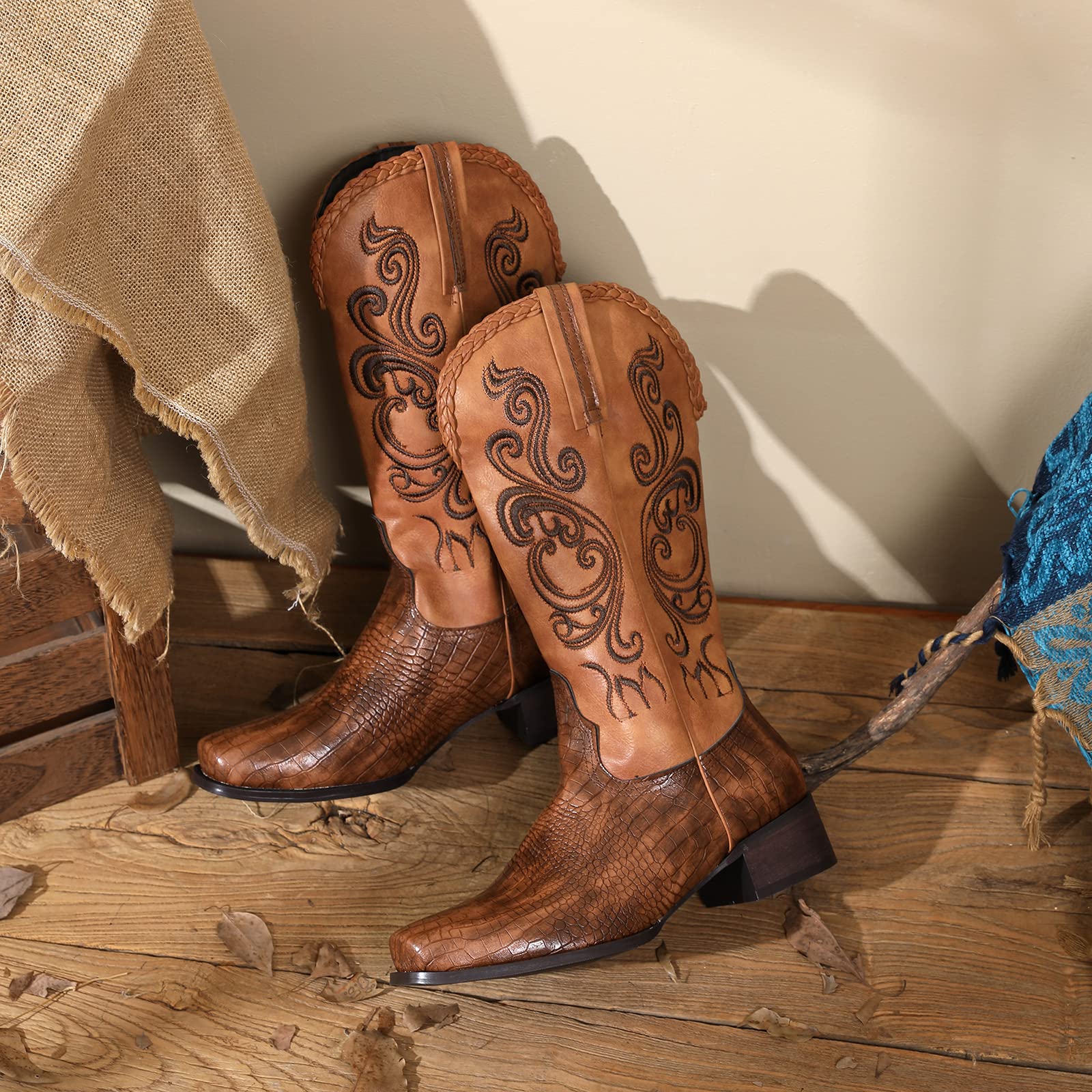 Lizoleor Botas Hasta la Rodilla de Mujer Punta Cuadrado Vaqueras Occidentales Clasico Bordado
