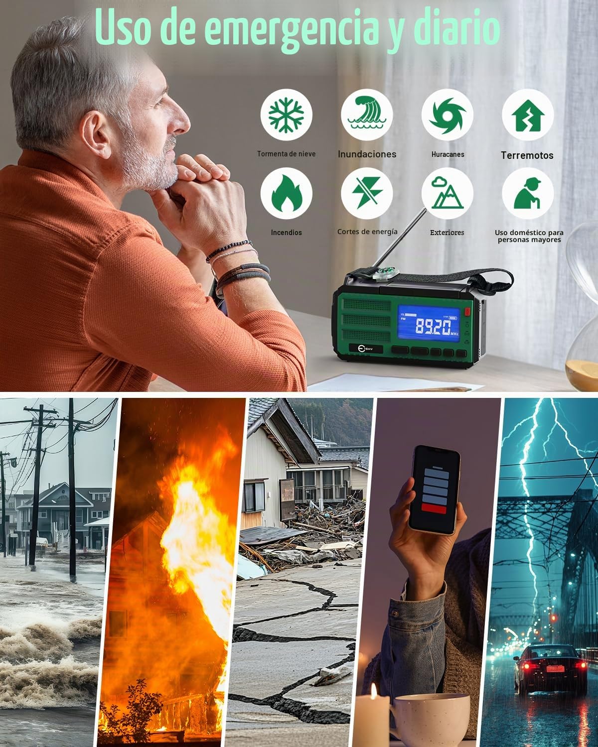 Esky Radio Solar 10000mAh, Radio de Emergencia Portátil con Manivela AM/FM/NOAA con Powerbank, Linterna LED, Luz de Lectura, SOS y Brújula, Recargable por USB, Solar o Manivela para Camping y Apagones