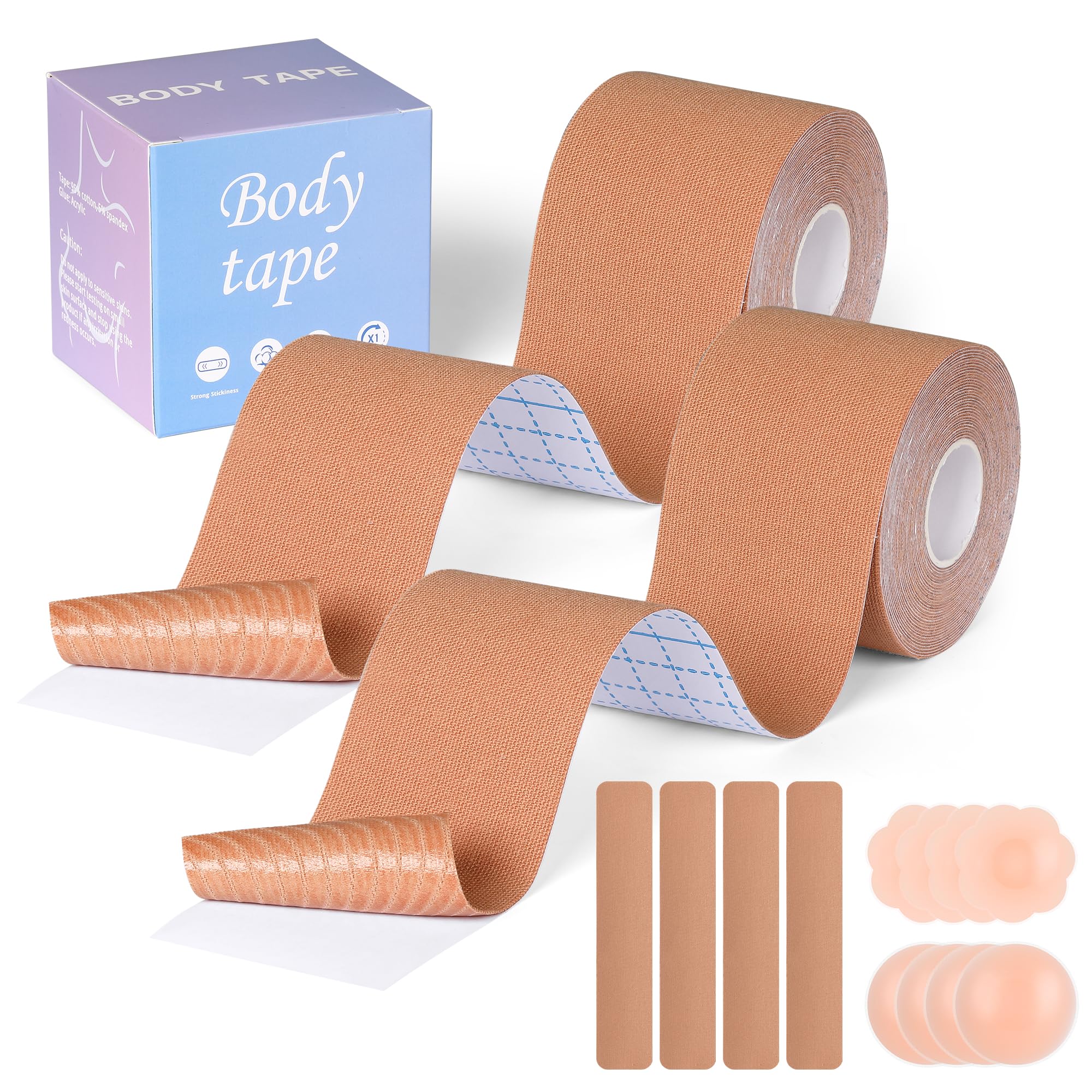 Pack of 2 Nippies Tape Lift Up with 2pcs Reusable Silicone Nipplecover Boobytape for Large Breasts A-G Cup Size Waterproof Boobtape Push up & Shape Invisible Under Clothing